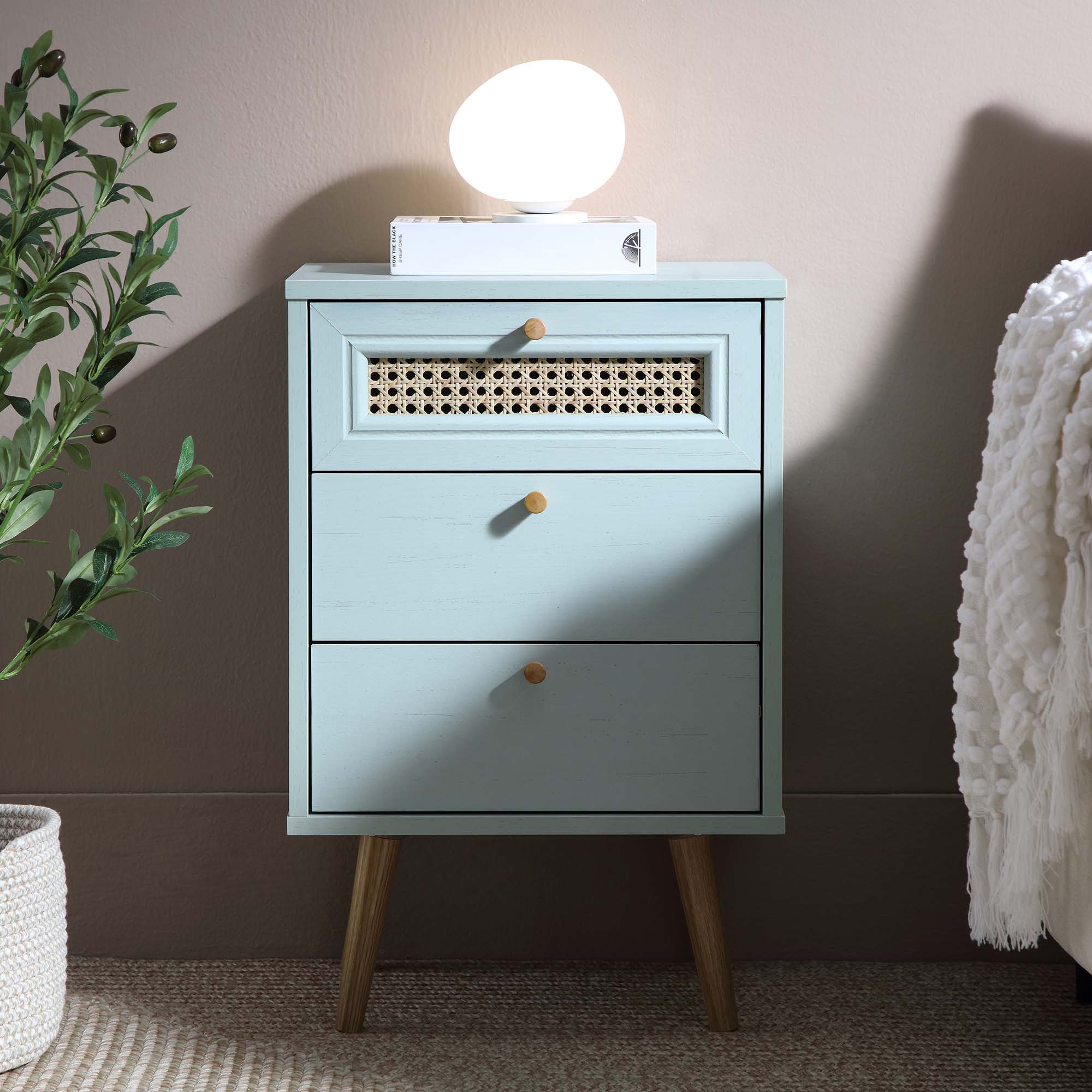 Anya Woven Rattan 3-Drawer Bedside Table in Mint Colour - Image 2