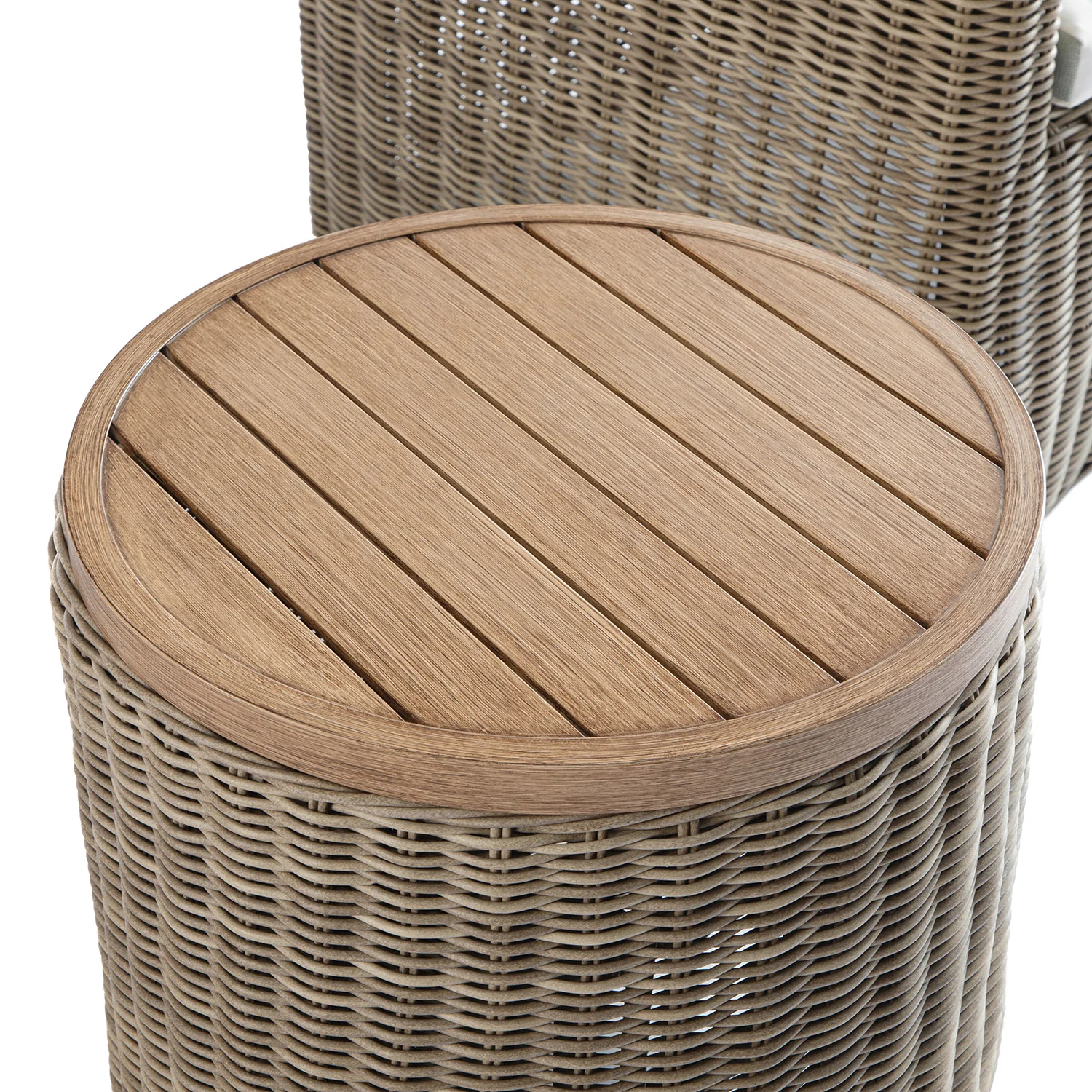 Bellagio Round Wicker Bistro Set with Rising Side Table, Natural with Sage Stripes - Image 10