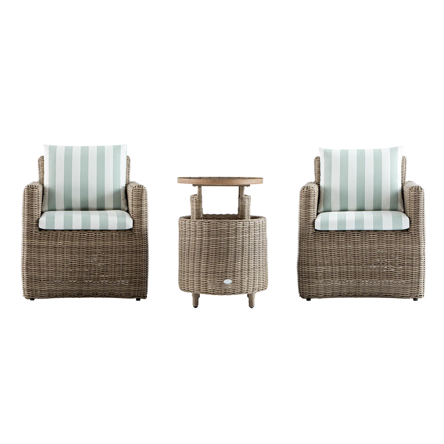 Bellagio Round Wicker Bistro Set with Rising Side Table, Natural with Sage Stripes - Image 2