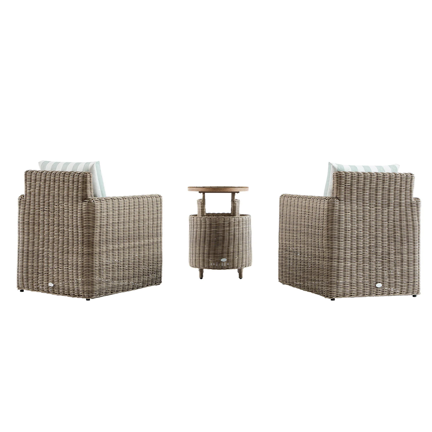 Bellagio Round Wicker Bistro Set with Rising Side Table, Natural with Sage Stripes - Image 6