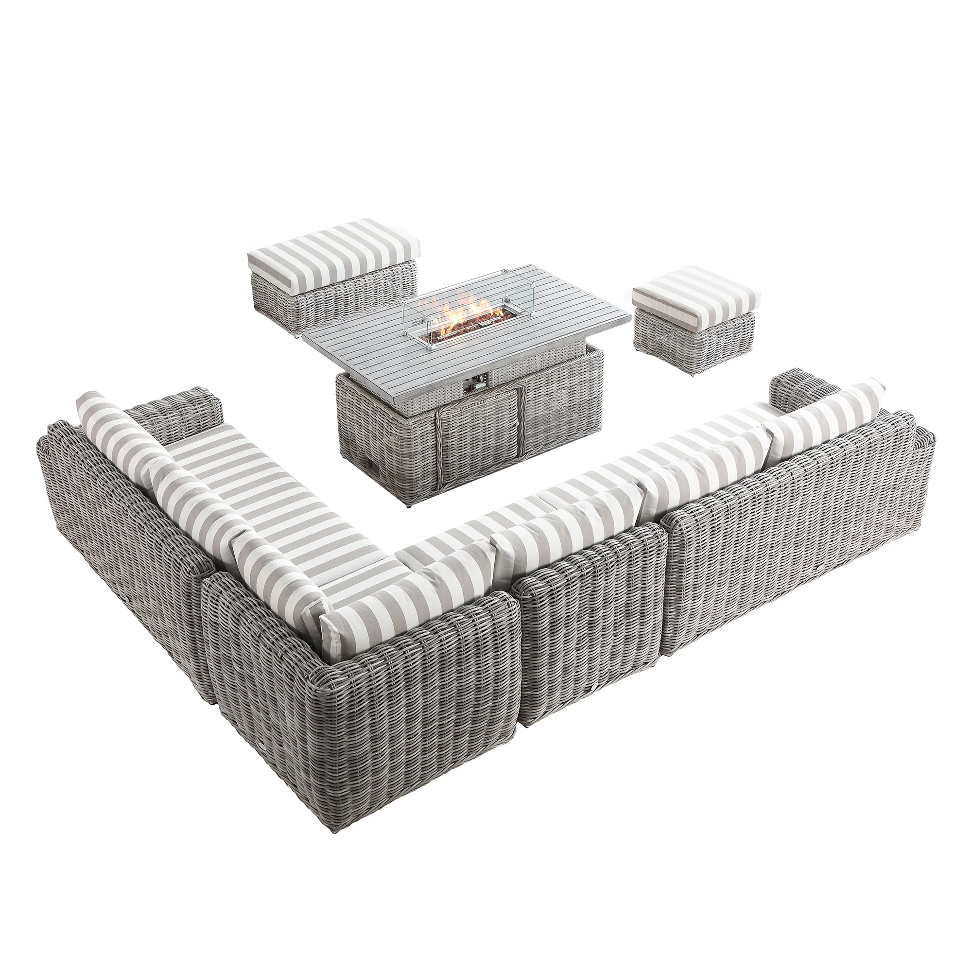 Bellagio Round Wicker Large Corner Casual Dining Set with Rising Firepit Table, Light Grey with Taupe Stripes - Image 10