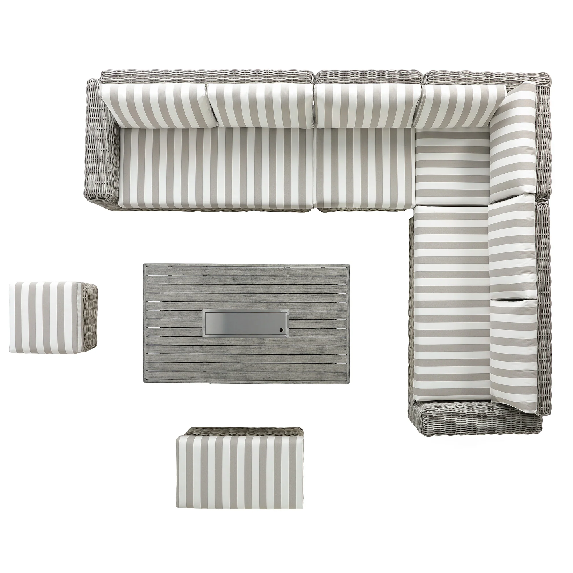Bellagio Round Wicker Large Corner Casual Dining Set with Rising Firepit Table, Light Grey with Taupe Stripes - Image 11