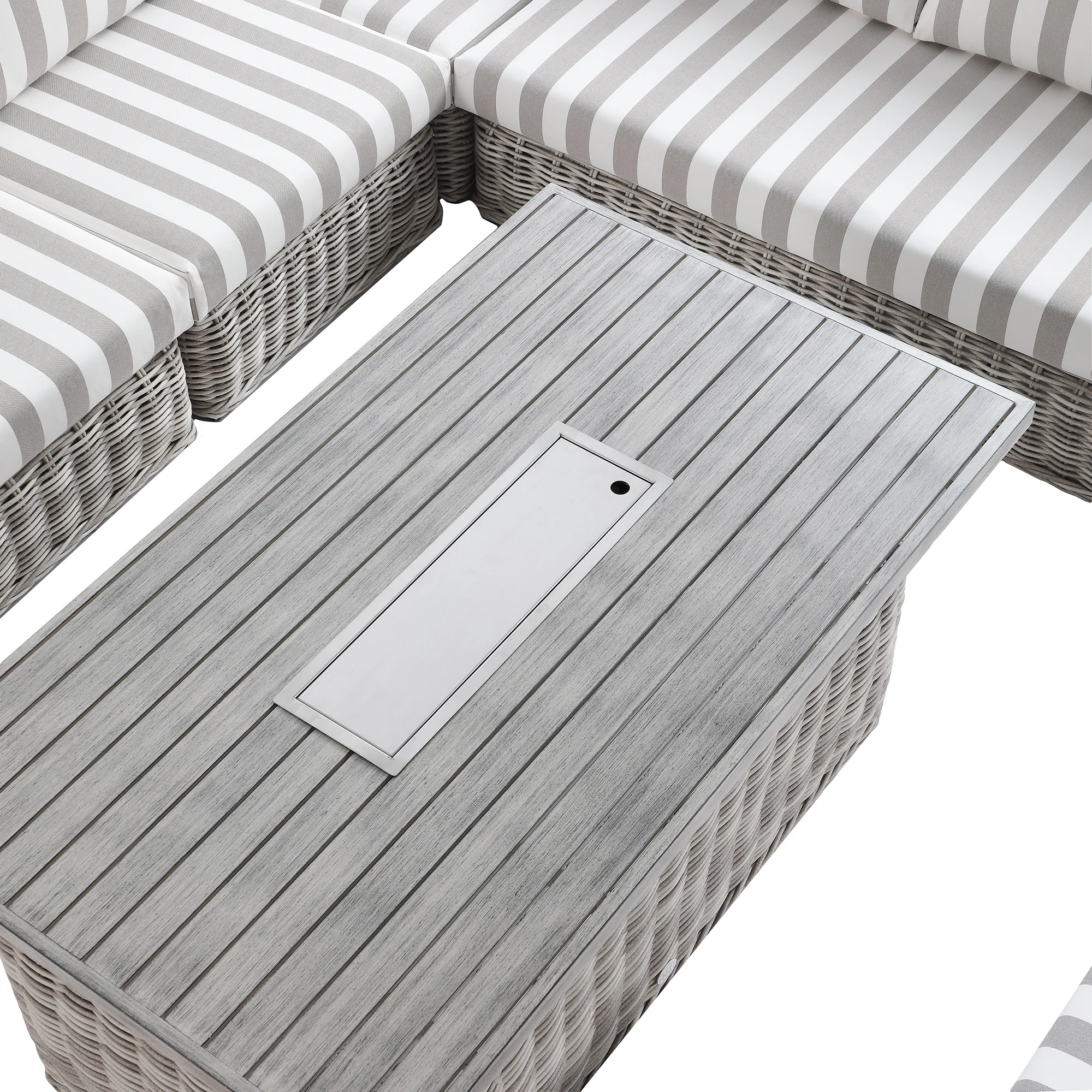 Bellagio Round Wicker Large Corner Casual Dining Set with Rising Firepit Table, Light Grey with Taupe Stripes - Image 13