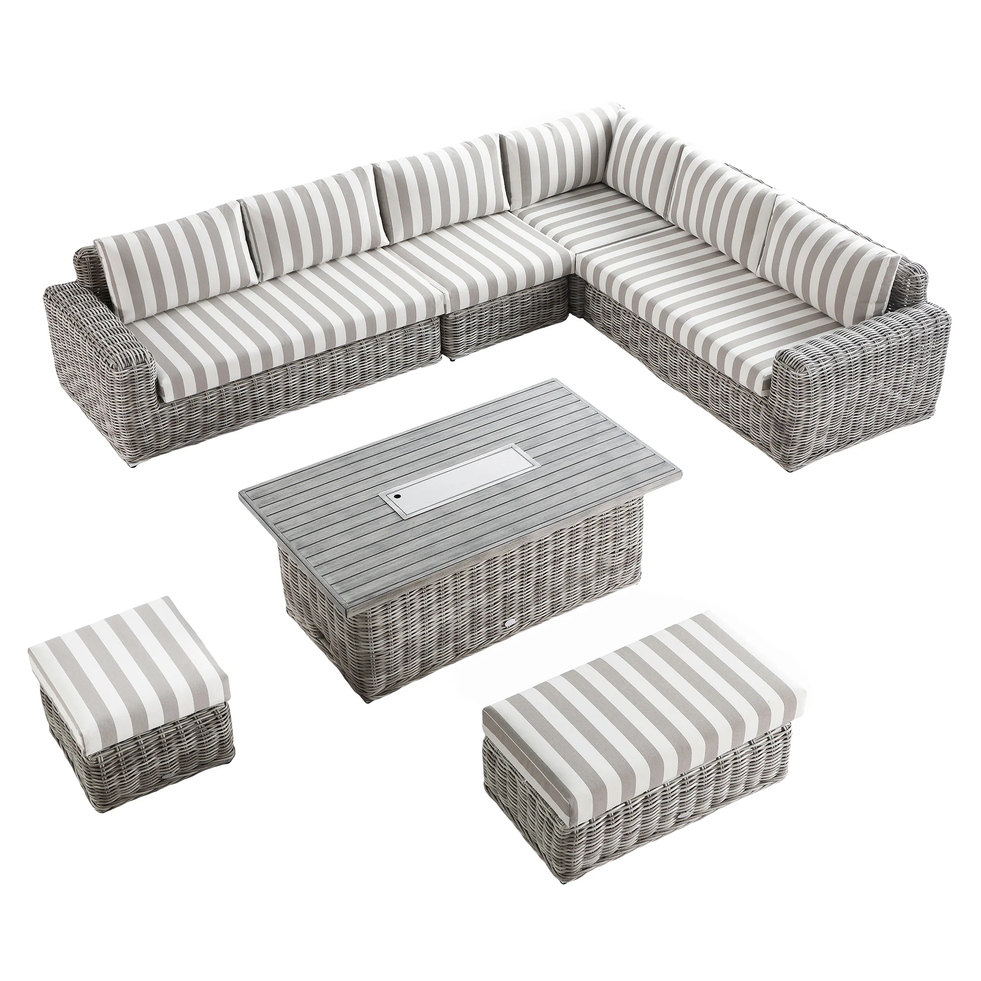 Bellagio Round Wicker Large Corner Casual Dining Set with Rising Firepit Table, Light Grey with Taupe Stripes - Image 6