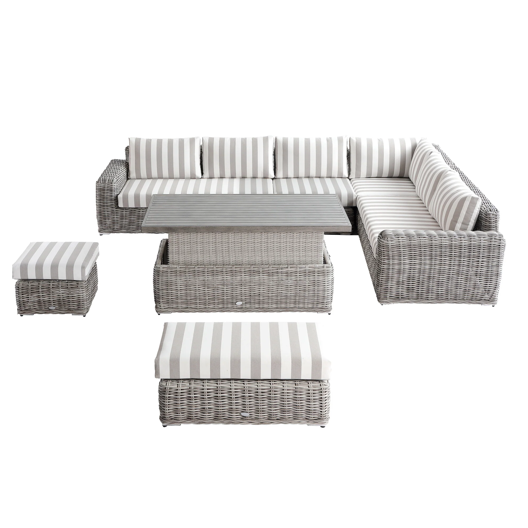 Bellagio Round Wicker Large Corner Casual Dining Set with Rising Table, Light Grey with Taupe Stripes - Image 2