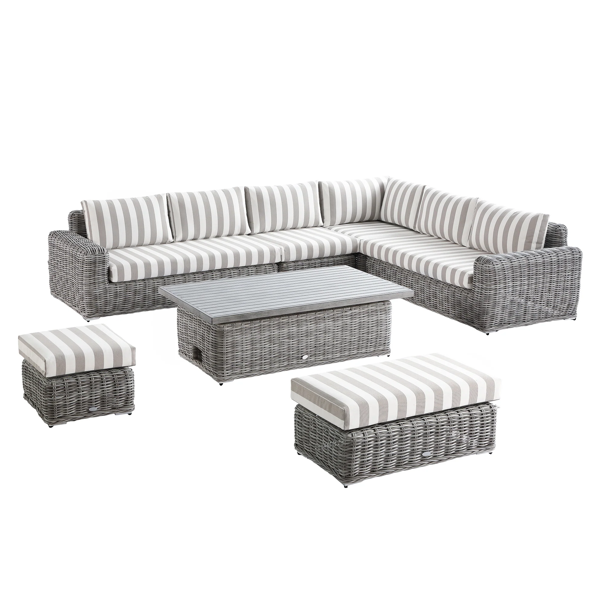 Bellagio Round Wicker Large Corner Casual Dining Set with Rising Table, Light Grey with Taupe Stripes - Image 4