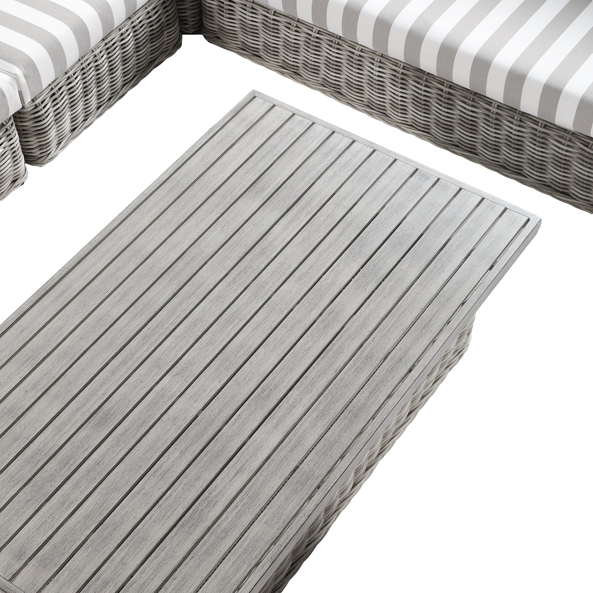 Bellagio Round Wicker Large Corner Casual Dining Set with Rising Table, Light Grey with Taupe Stripes - Image 8