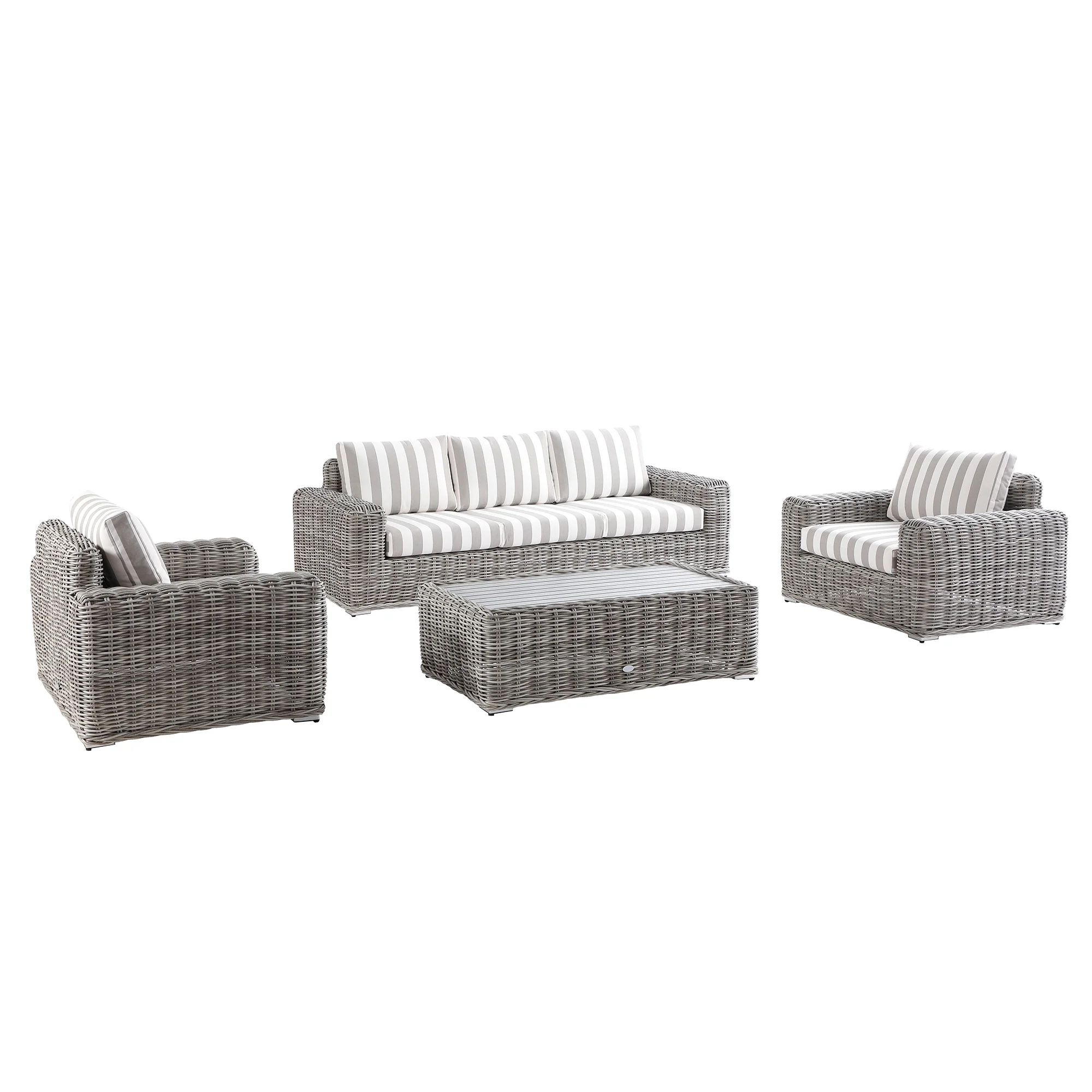 Bellagio Round Wicker Sofa Set with Coffee Table, Light Grey with Taupe Stripes - Image 4