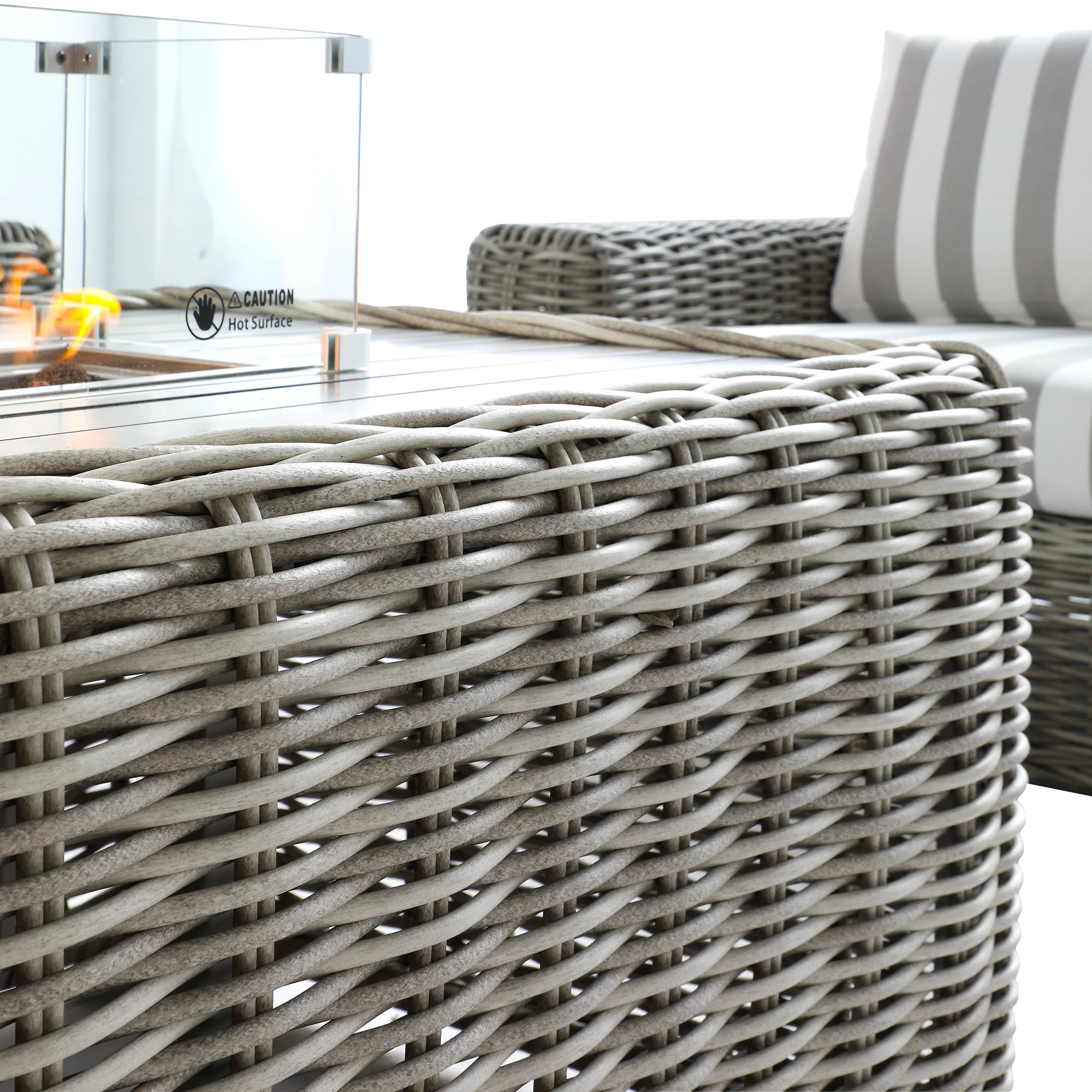 Bellagio Round Wicker Sofa Set with Firepit Coffee Table, Light Grey with Taupe Stripe - Image 10