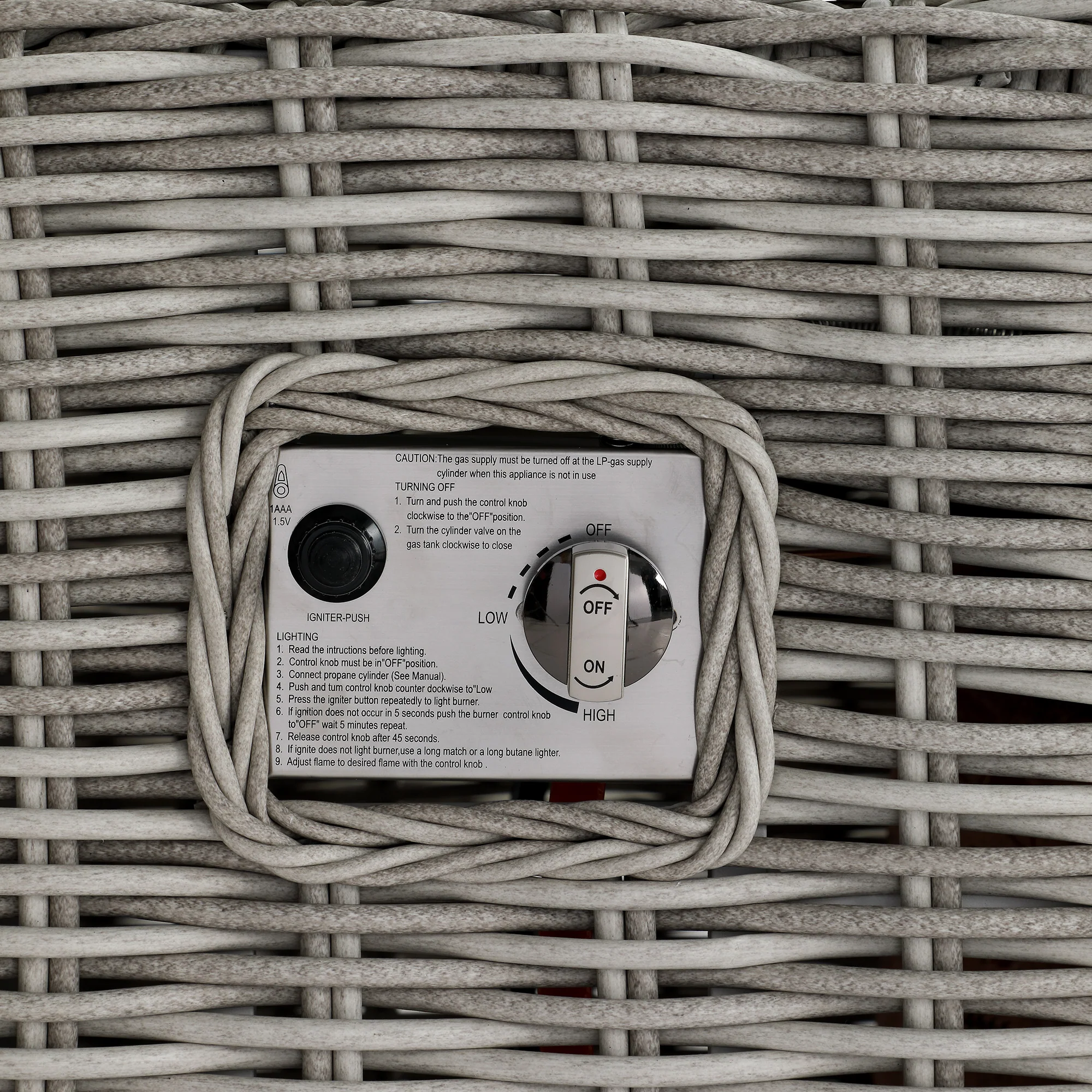 Bellagio Round Wicker Sofa Set with Firepit Coffee Table, Light Grey with Taupe Stripe - Image 11