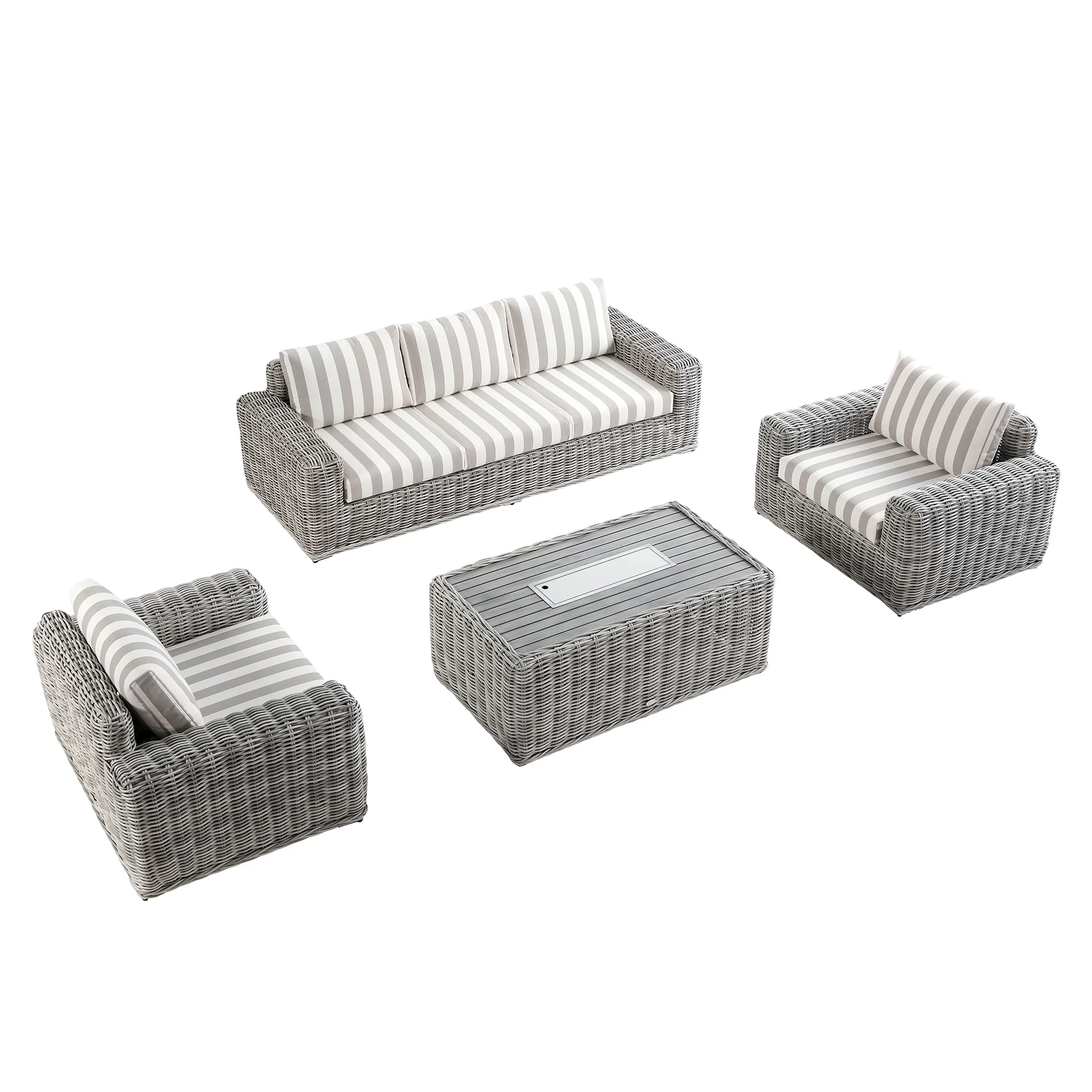 Bellagio Round Wicker Sofa Set with Firepit Coffee Table, Light Grey with Taupe Stripe - Image 5