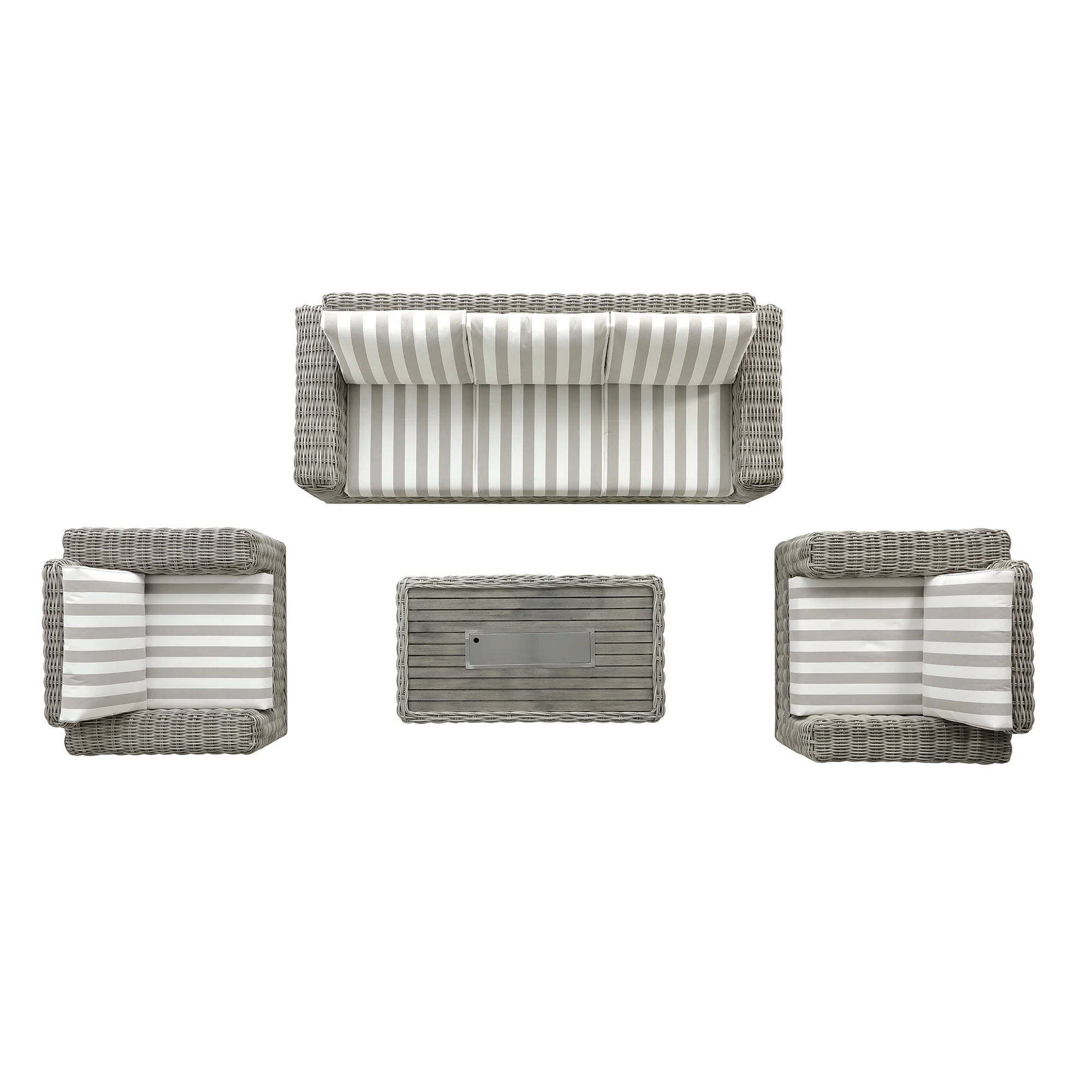 Bellagio Round Wicker Sofa Set with Firepit Coffee Table, Light Grey with Taupe Stripe - Image 6