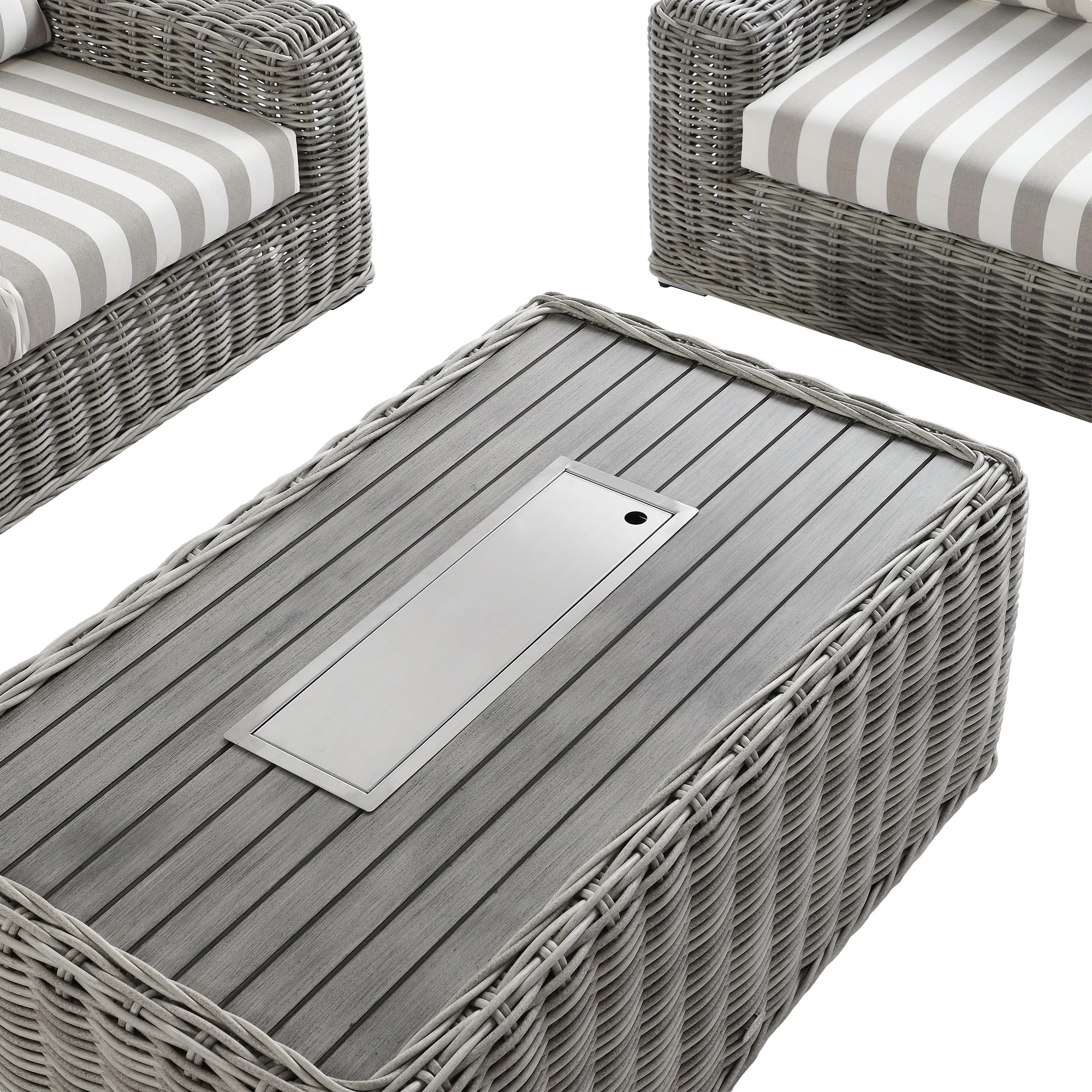 Bellagio Round Wicker Sofa Set with Firepit Coffee Table, Light Grey with Taupe Stripe - Image 8