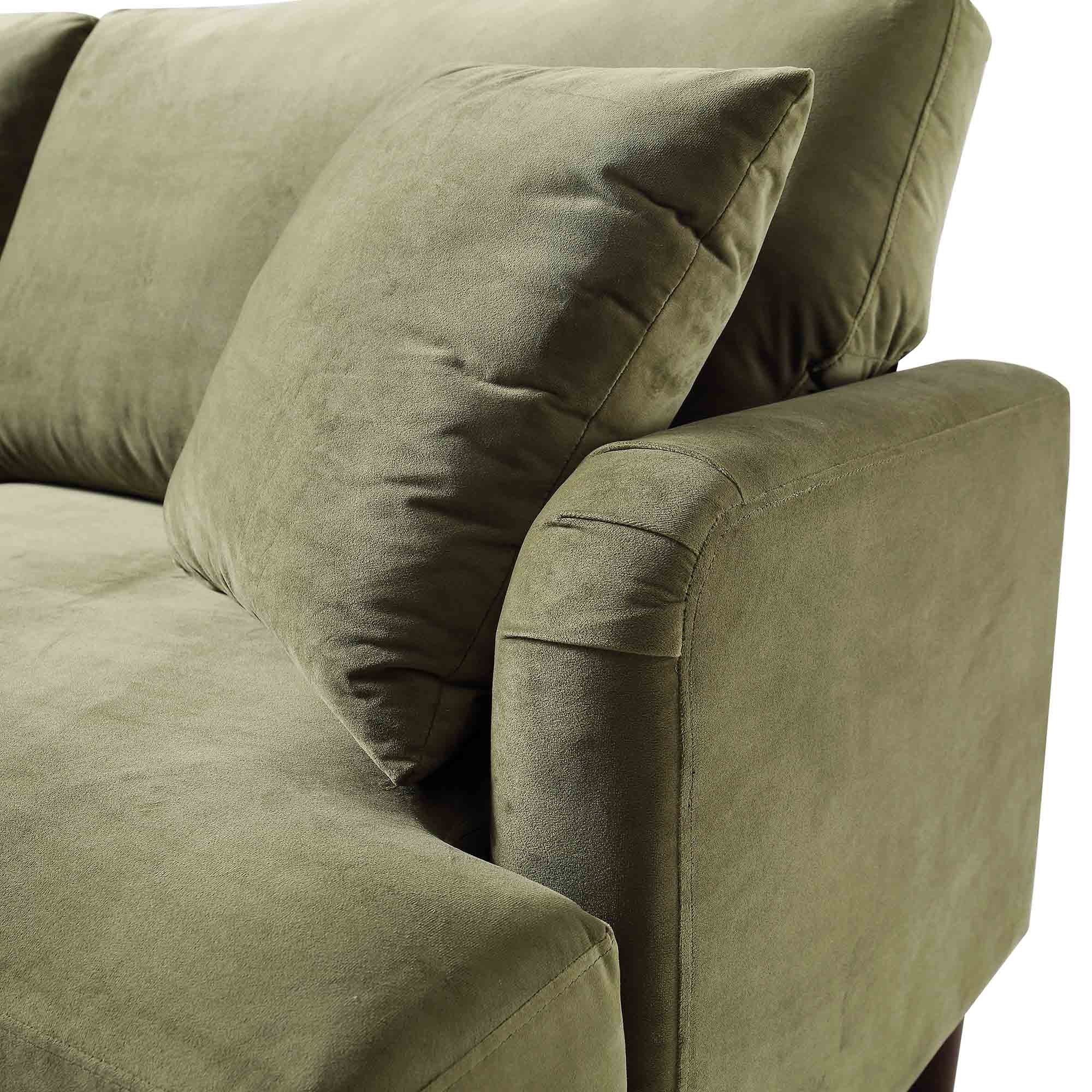 Brigette 2-Seater Olive Green Velvet Sofa with Antique Brass Castor Legs - Image 10