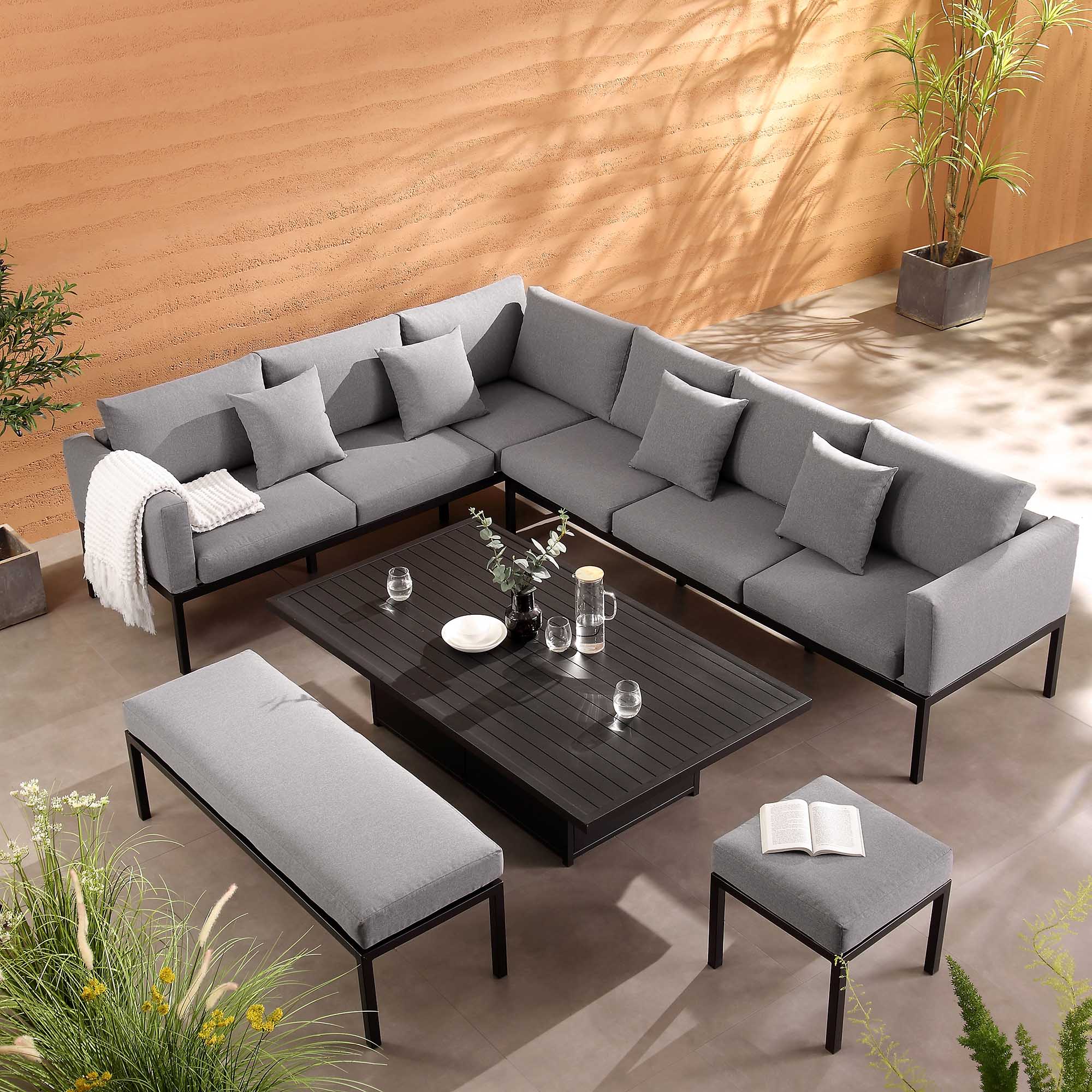 Calabasas Large Outdoor Fabric and Aluminium Corner Casual Dining Set with Rising Table, Dark Grey - Image 2