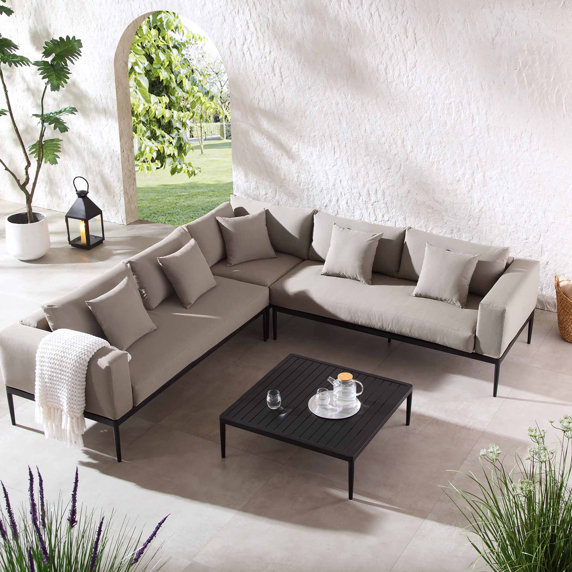 Calabasas Large Outdoor Fabric Aluminium Frame Corner Sofa Set with Coffee Table, Taupe - Image 2
