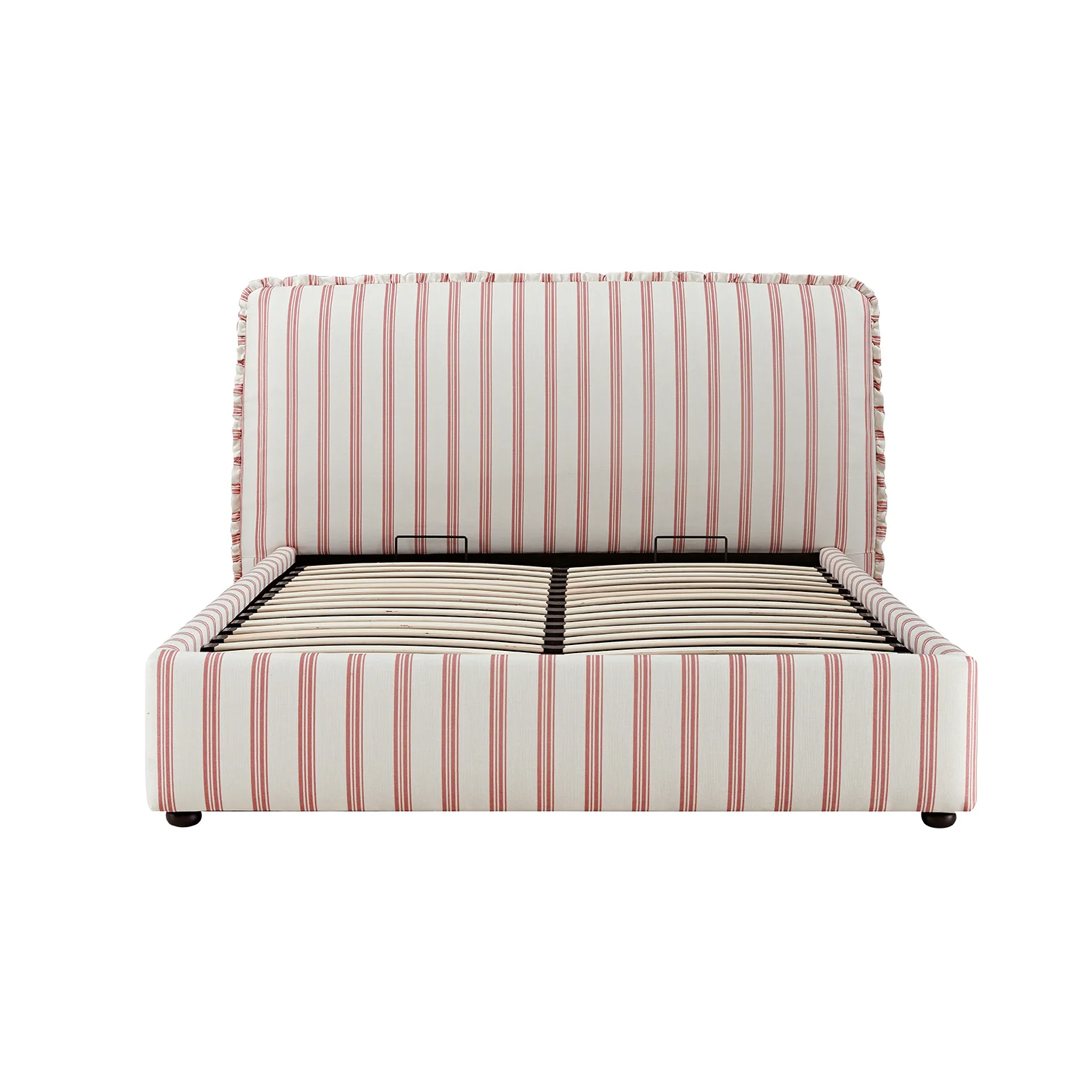 Celeste Upholstered Storage Bed with Ruffled Headboard, Peony Red Stripe
