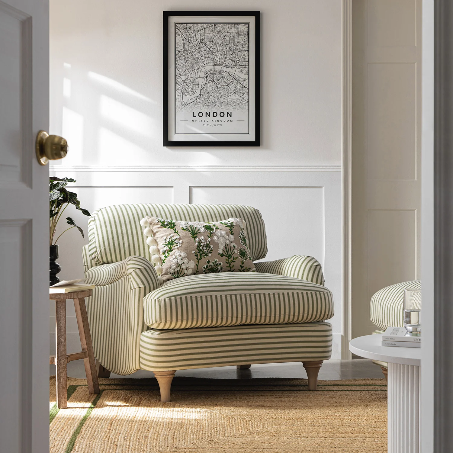 Daphnis Green Striped Linen Blend Sofa, 1-Seater