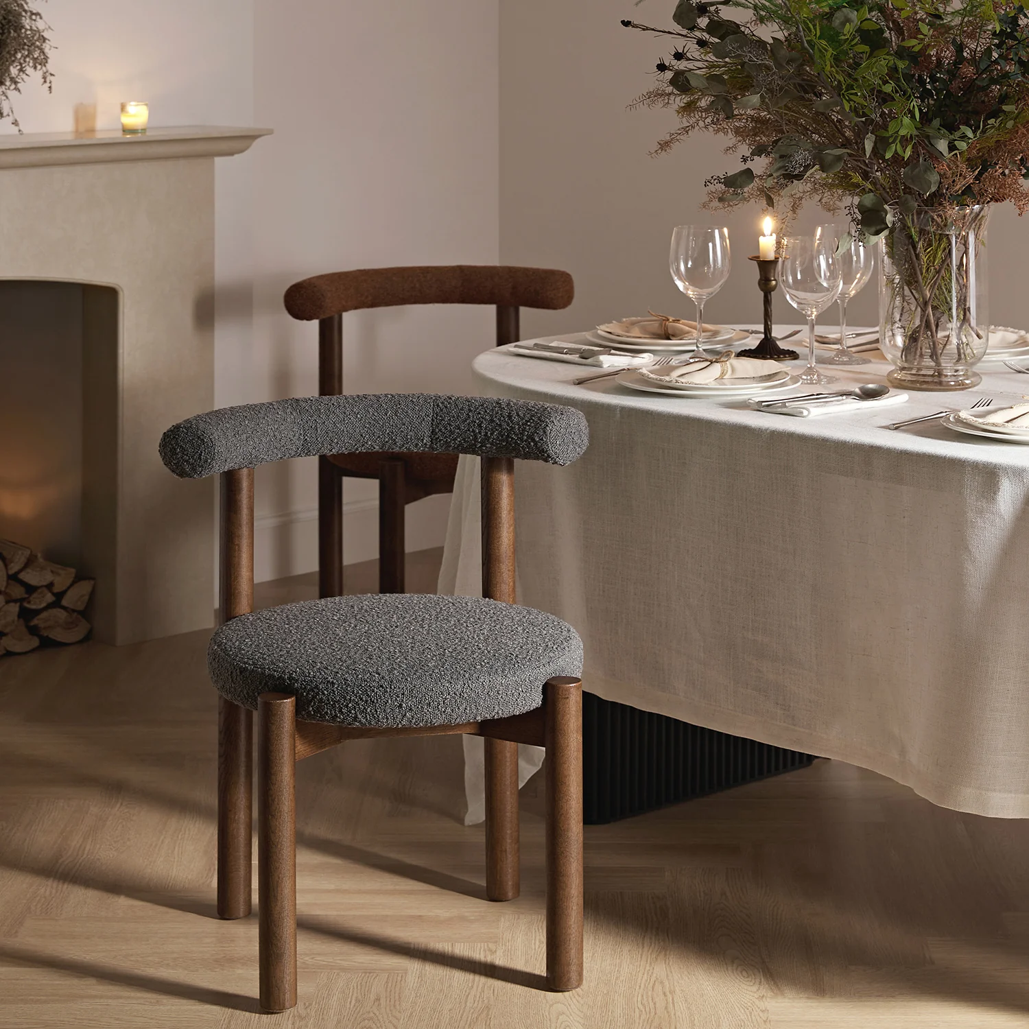 Demeter Dining Chair, Charcoal Boucle | Dark Walnut Frame