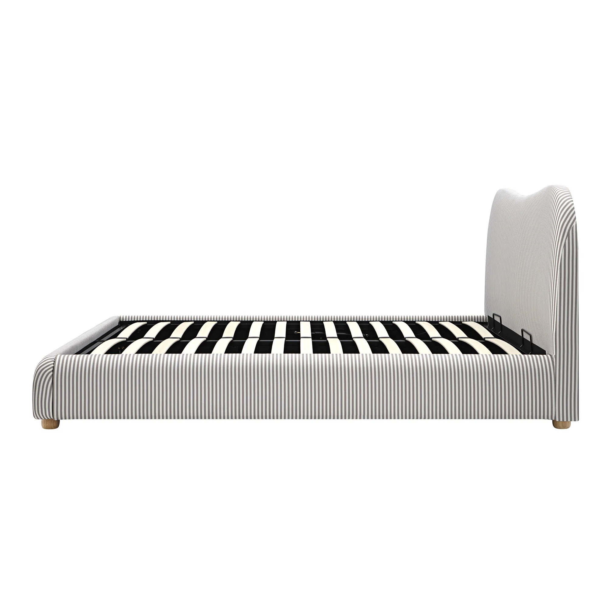 Egerie Curved Headboard Light Taupe Striped Fabric Ottoman Storage Bed - Image 12