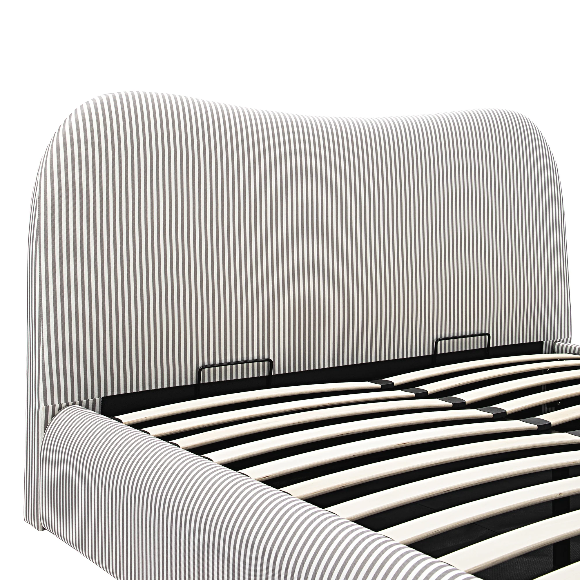 Egerie Curved Headboard Light Taupe Striped Fabric Ottoman Storage Bed - Image 14