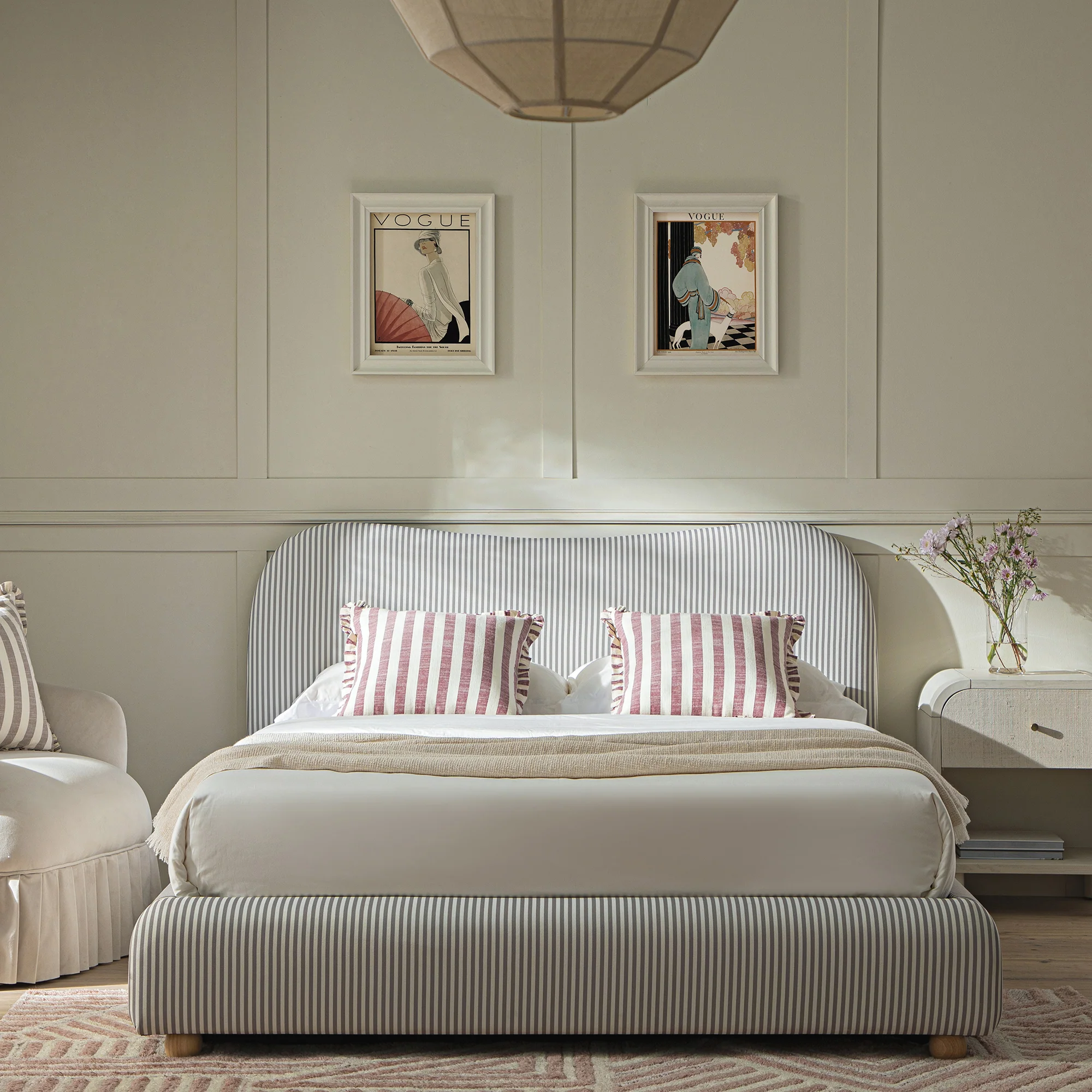 Egerie Curved Headboard Light Taupe Striped Fabric Ottoman Storage Bed - Image 2