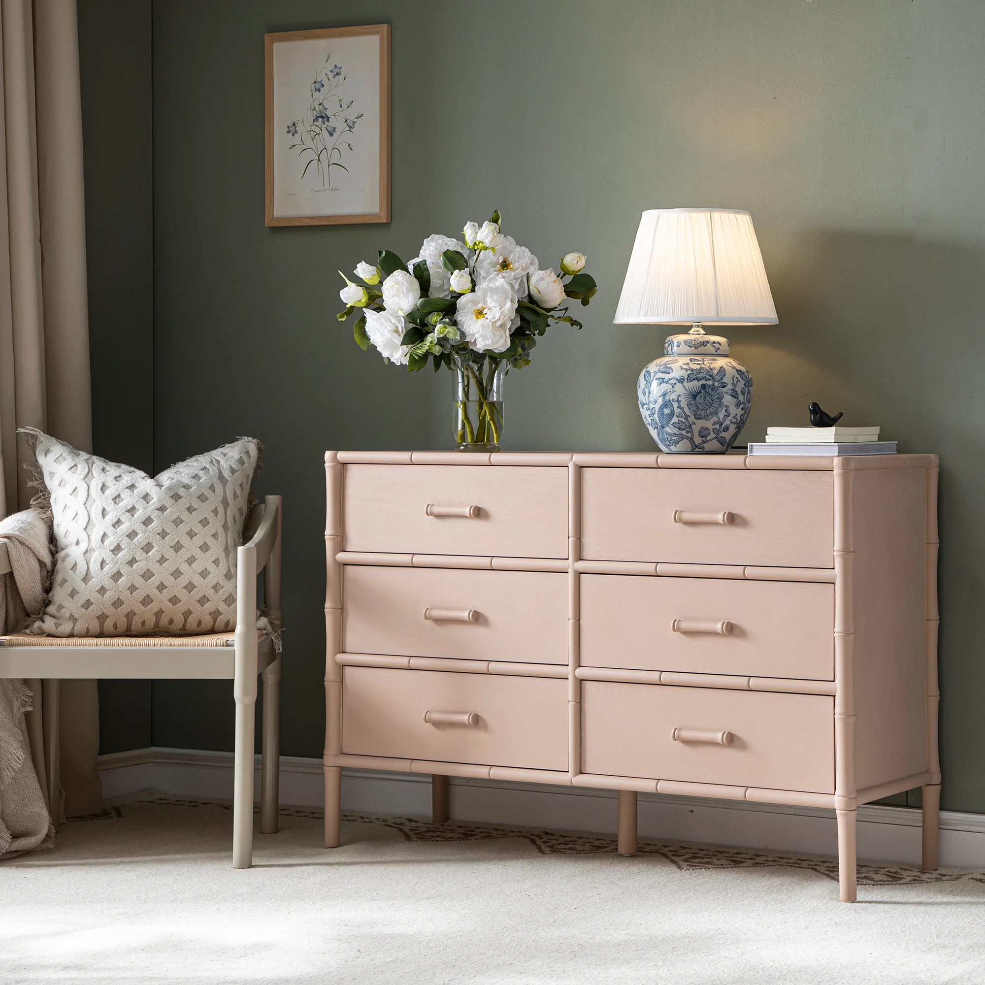 Elstowe Faux Bamboo 6-Drawer Chest, Nude Pink