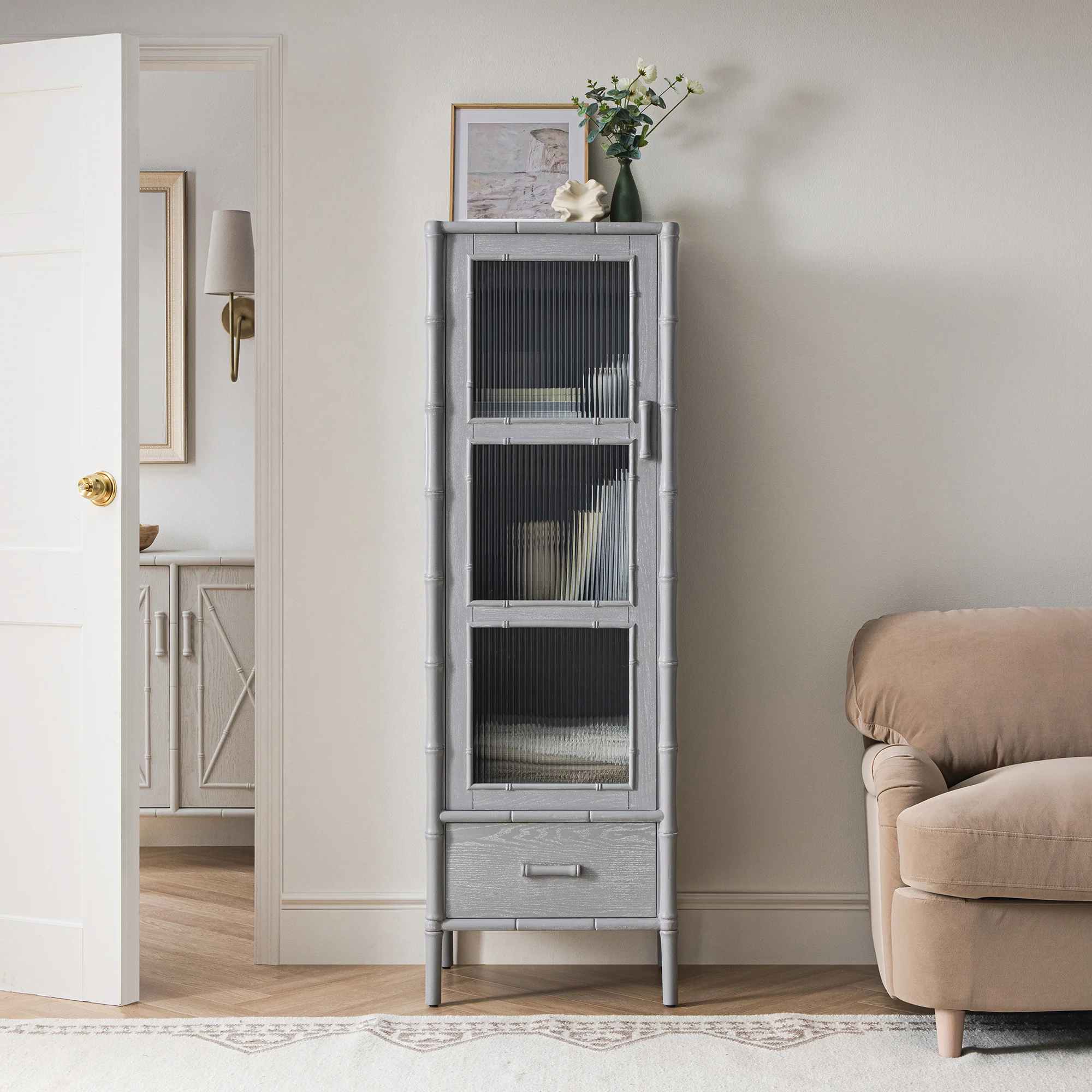 Elstowe Faux Bamboo and Fluted Glass 1-Door Cabinet, Warm Grey