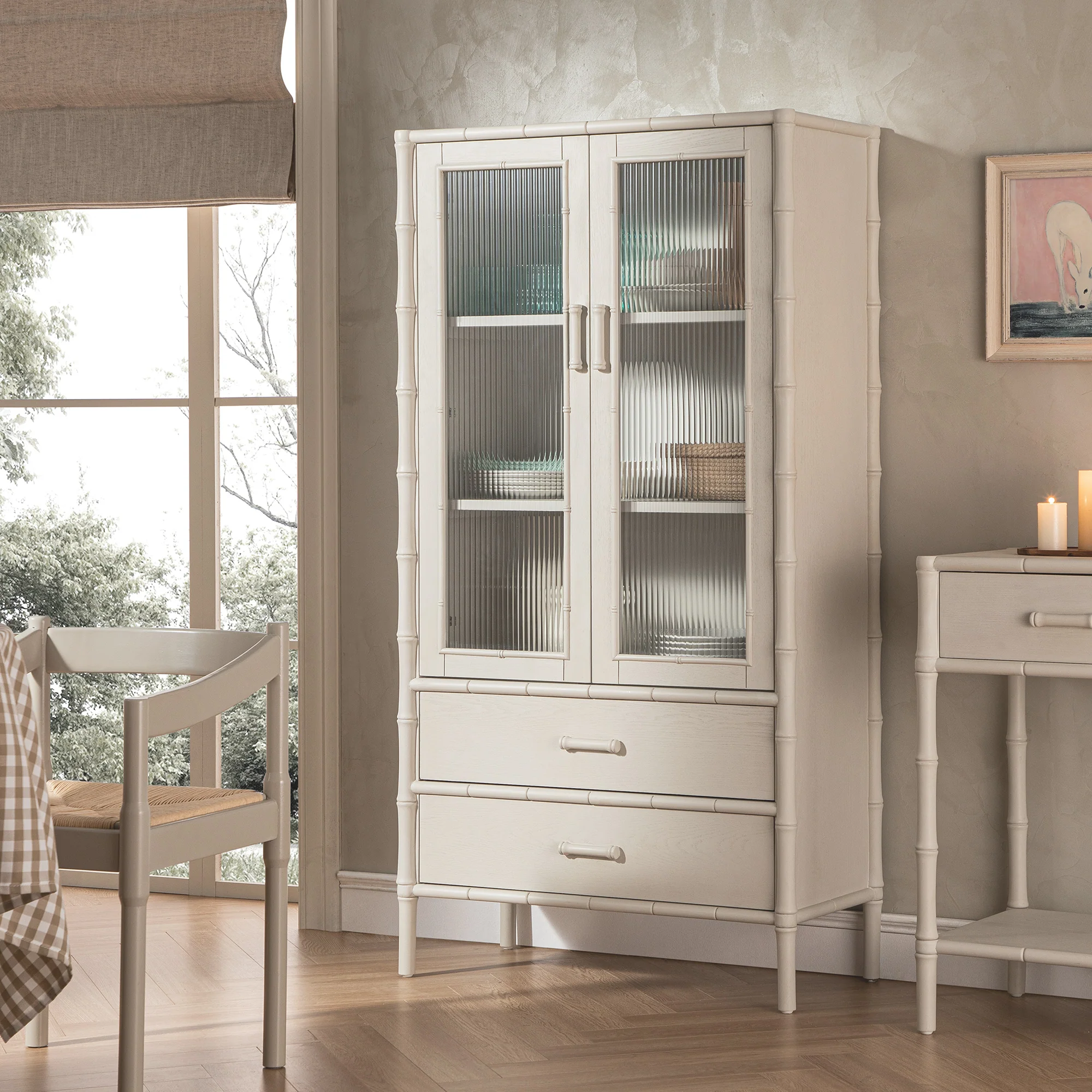 Elstowe Faux Bamboo and Fluted Glass 2-Door Cabinet, Shaded White