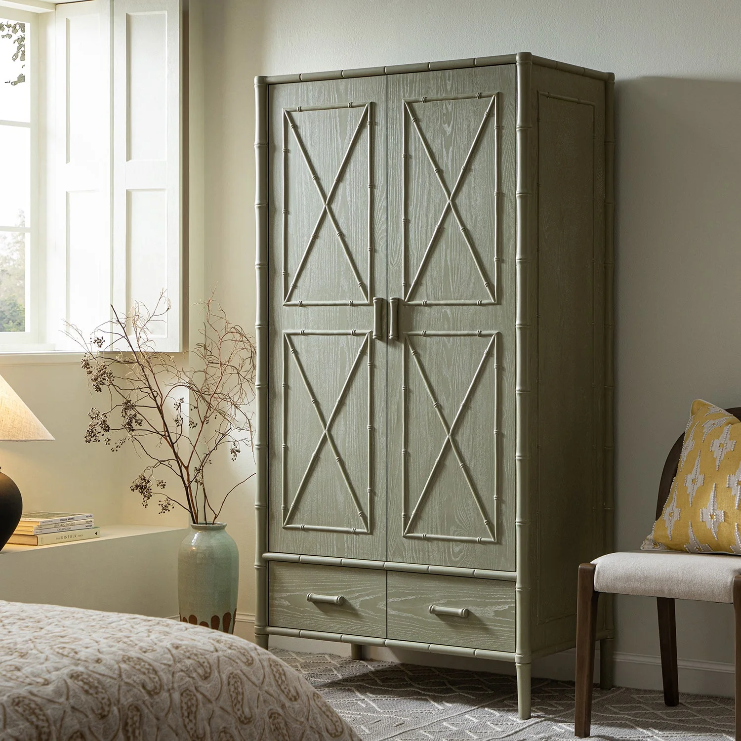 Elstowe Faux Bamboo Double Wardrobe, Sage Green