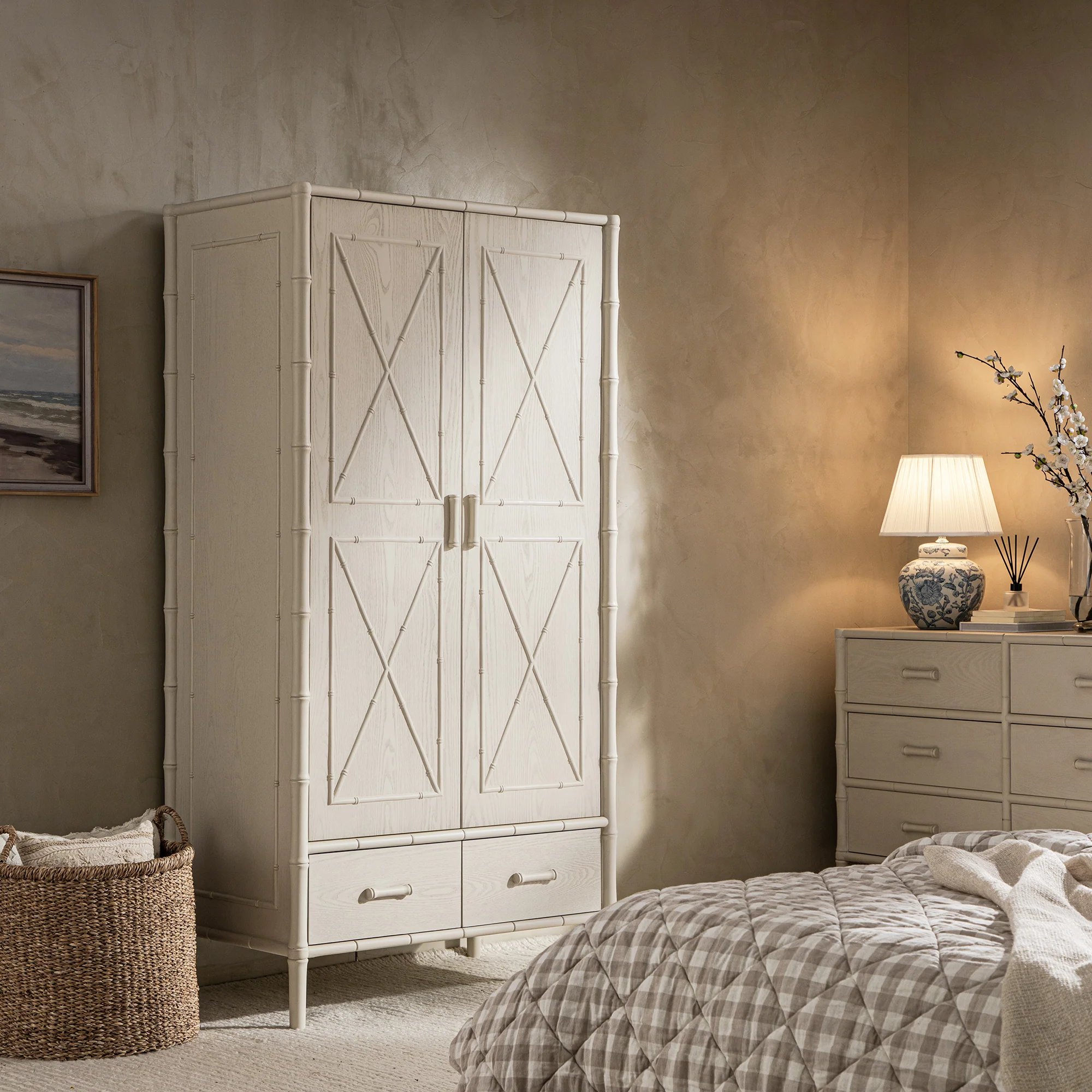 Elstowe Faux Bamboo Double Wardrobe, Shaded White
