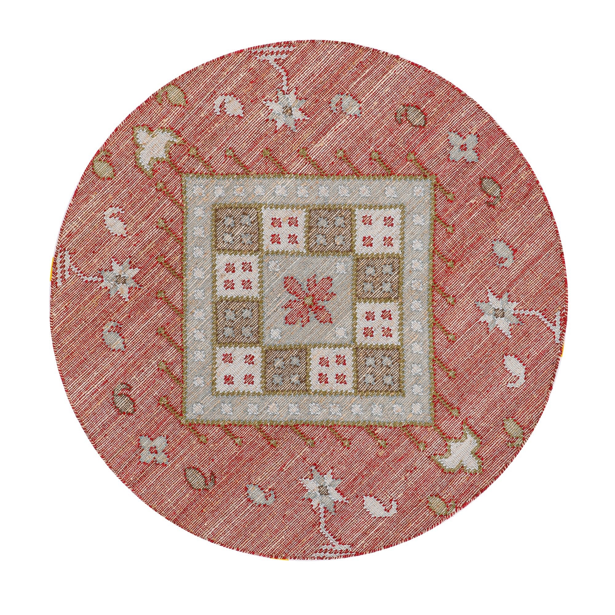 Farah Kilim Traditional Handwoven Wool & Jute Deep Red Round Rug