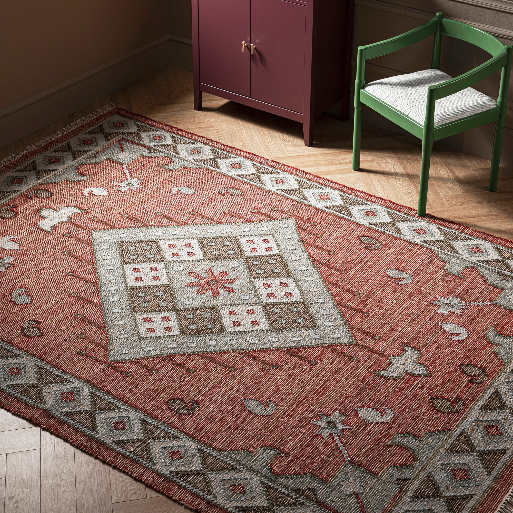 Farah Kilim Traditional Handwoven Wool & Jute Deep Red Rug - Image 4