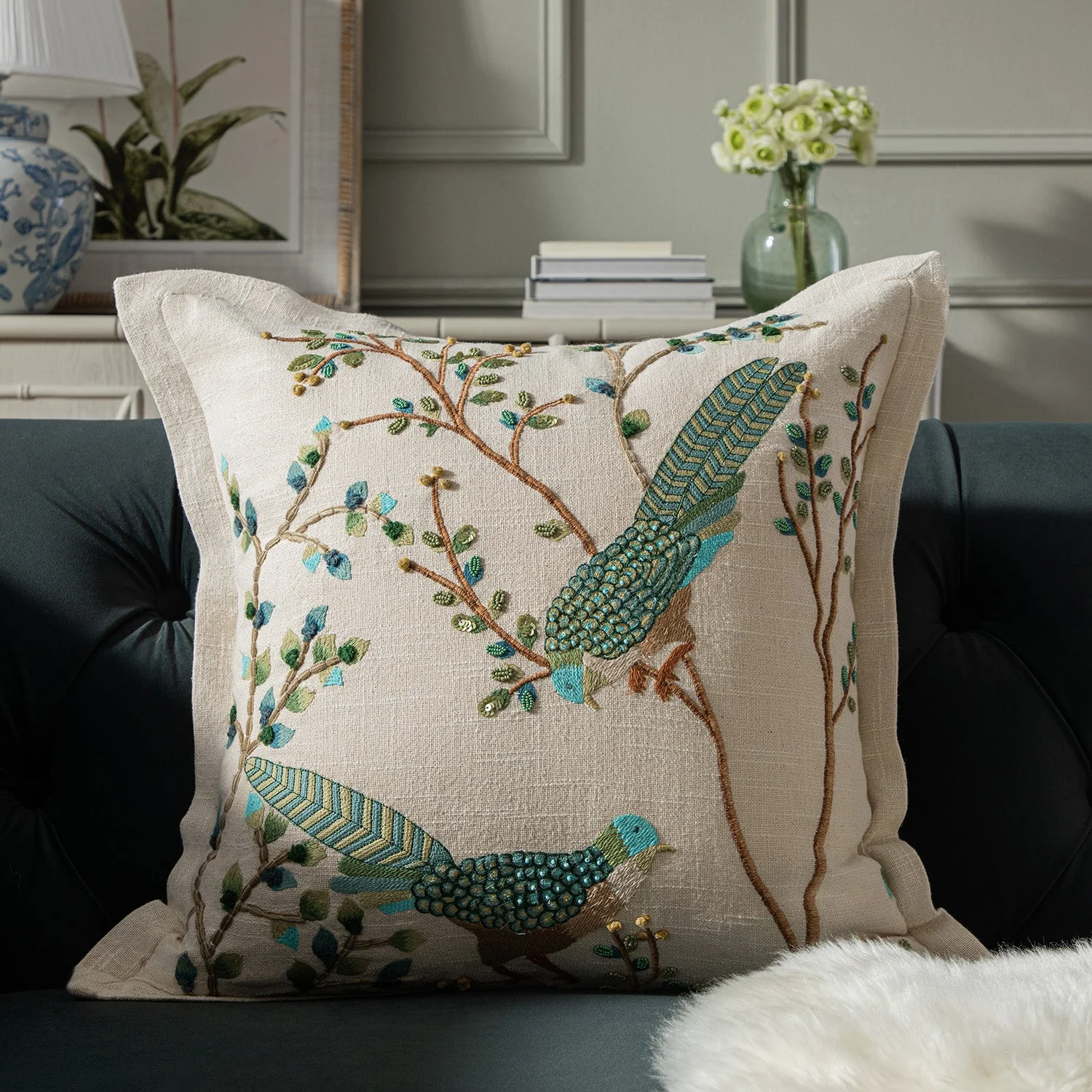 Flora & Fauna Hand Embroidered Songbird Cushion