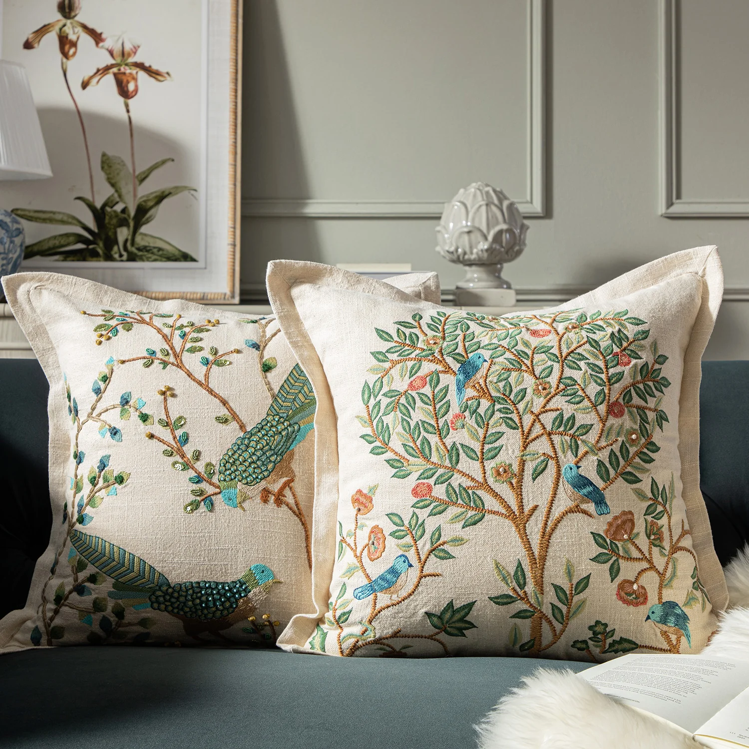 Flora & Fauna Hand Embroidered Tree Of Life Cushion
