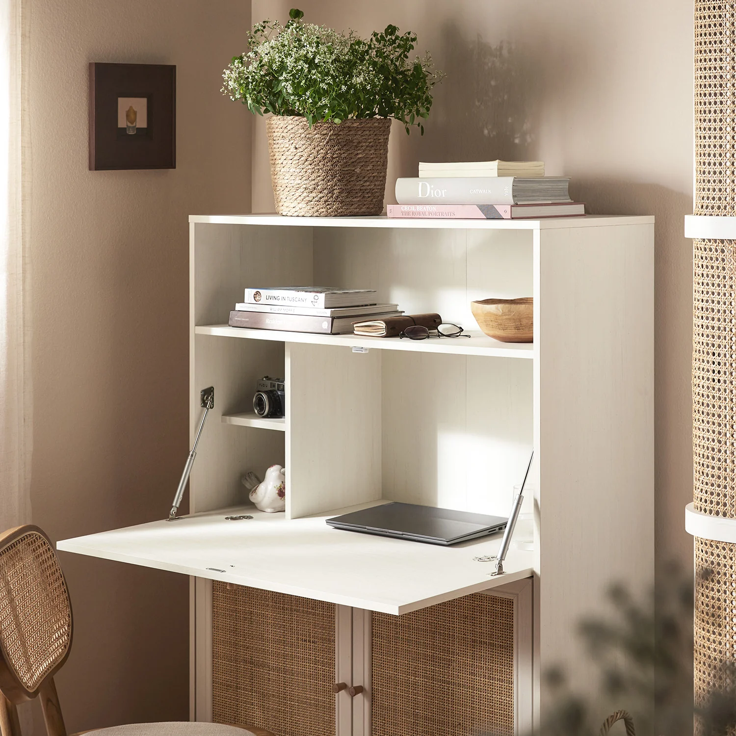 Frances Woven Rattan Writing Bureau, White - Image 5