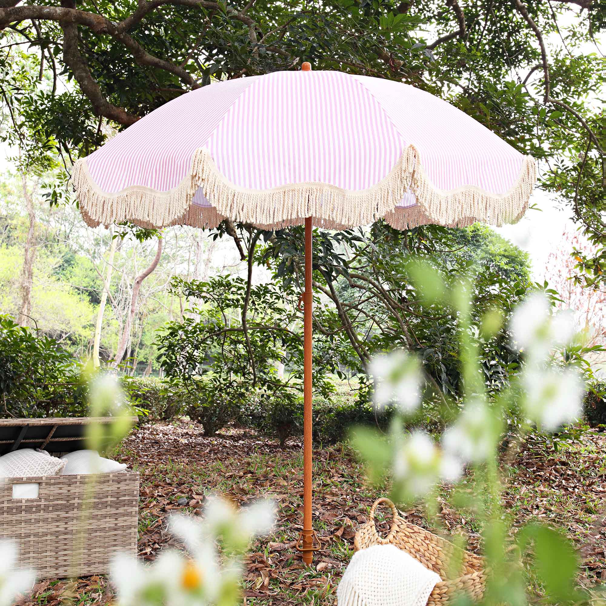 Gabriel Pink and White Striped Fringed Parasol with Tilt - Image 2