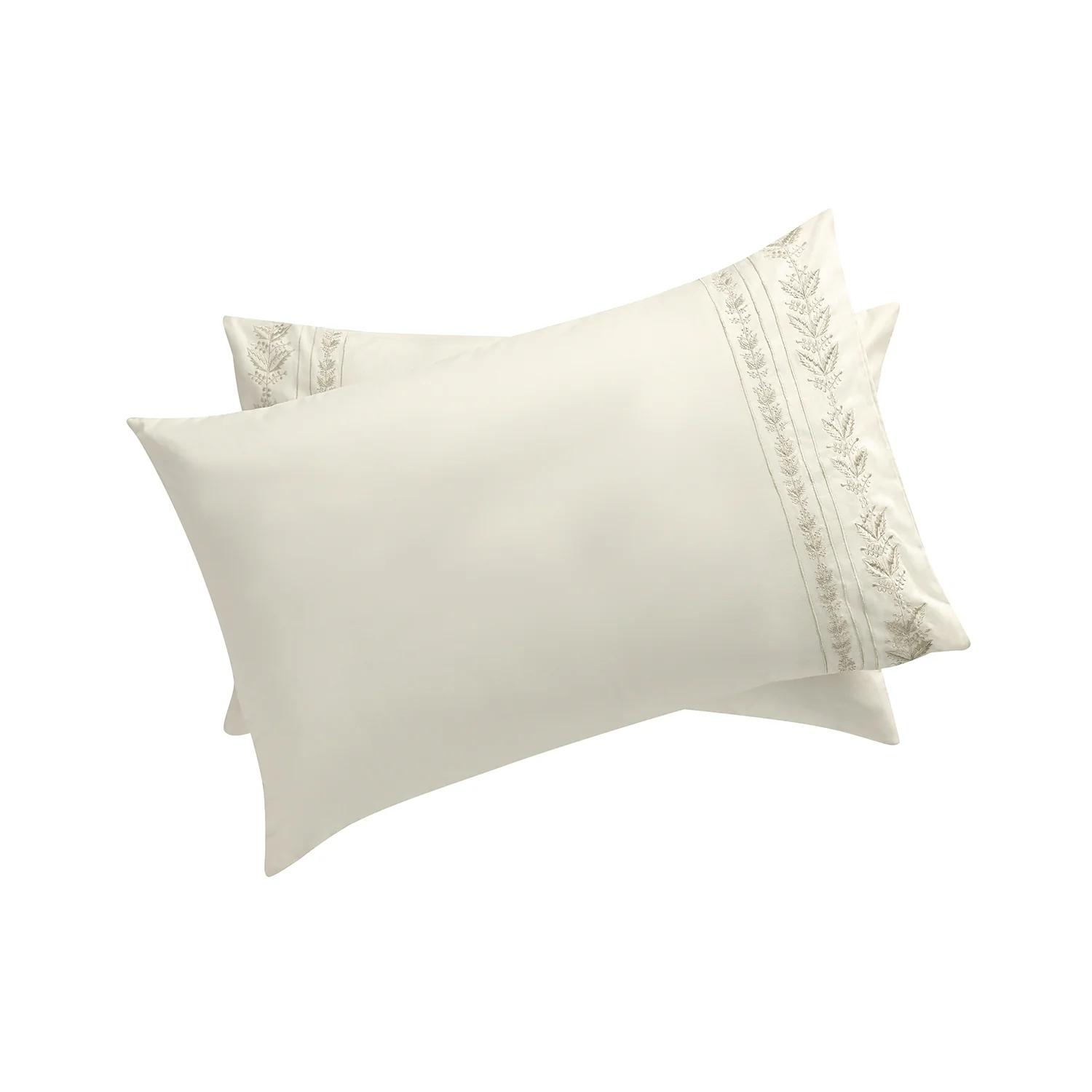 Gabrielle Ivory Leaf Embroidered 600 Thread Count Cotton Sateen Regular Pillowcases - Pair