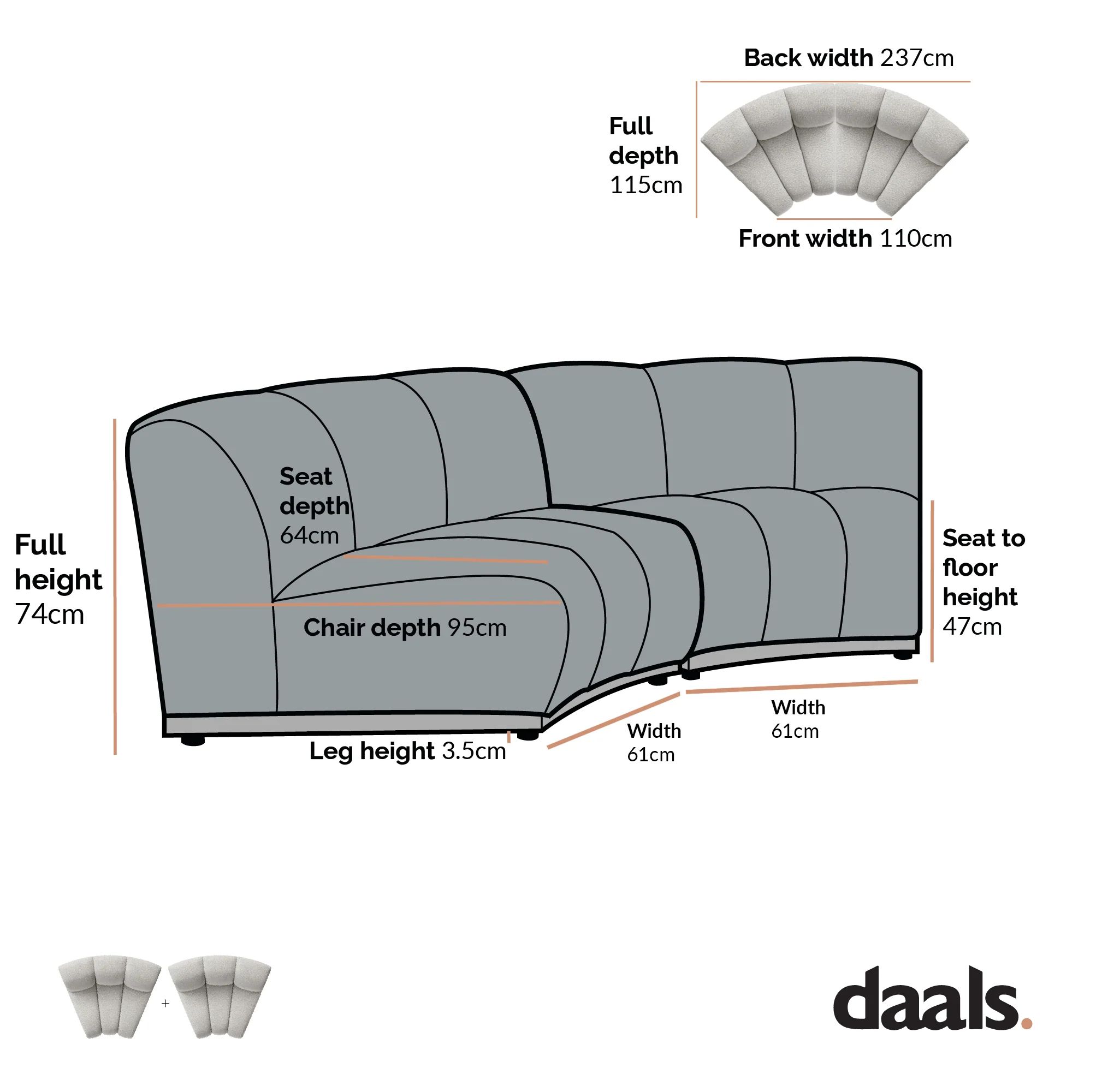 Granvia Musk Blush Boucle Modular Sofa, 2-Seater Curved Sofa - Image 8