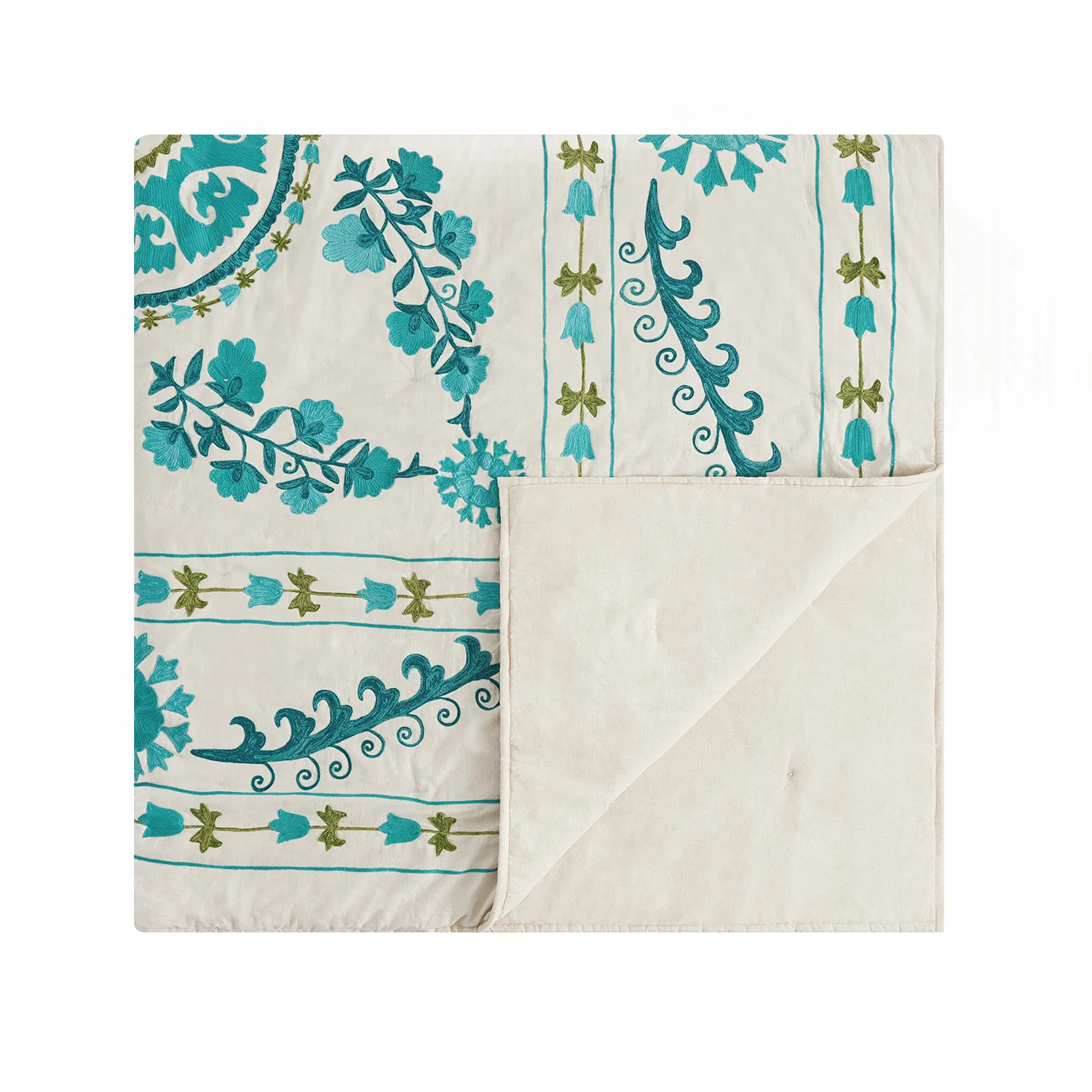 Indra Suzani Cyan Floral Embroidered Quilted Cotton Bedspread