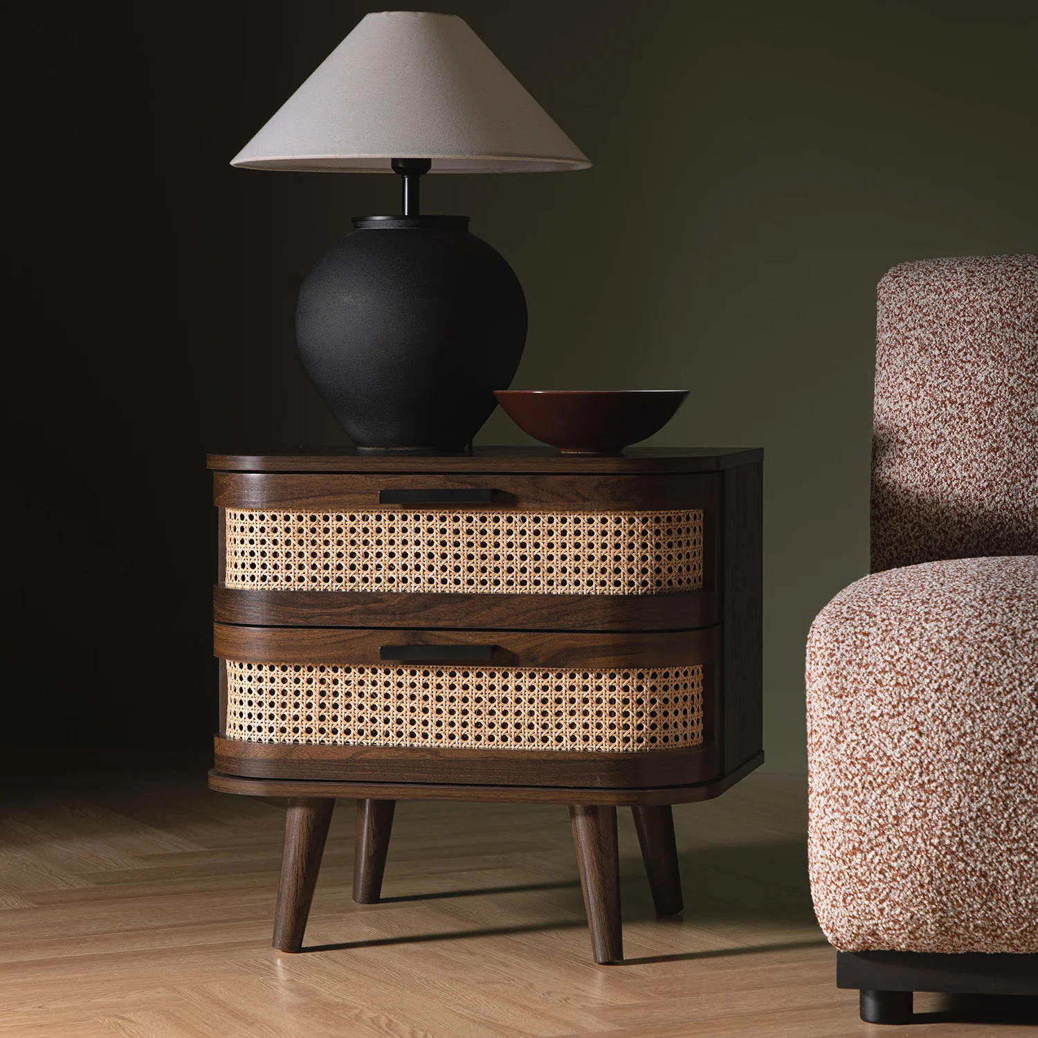 Izzy Curved Rattan 2-Drawer Bedside Table, Walnut