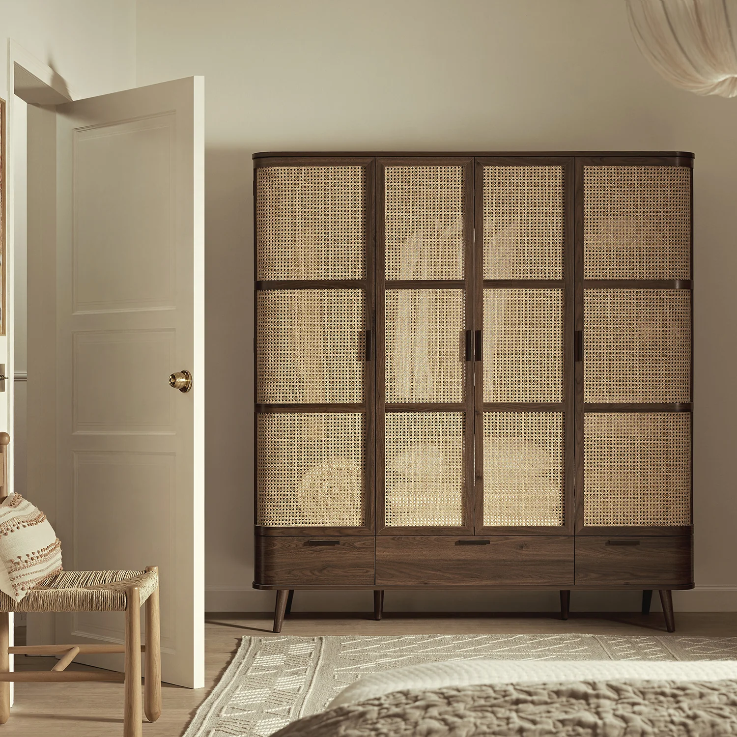 Izzy Curved Rattan 4-Door Wardrobe, Walnut