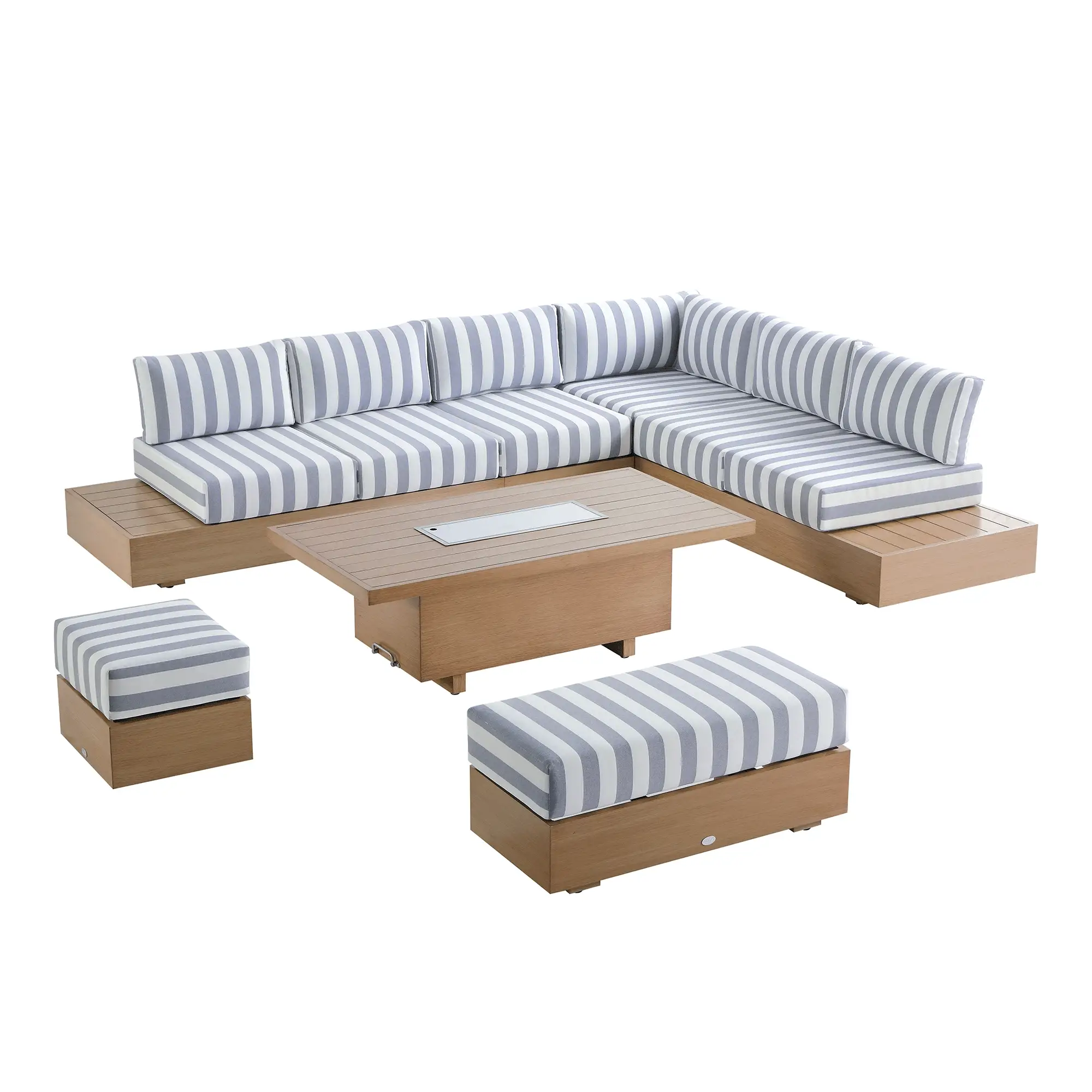 Jardin Aluminium Large Corner Casual Dining Set with Rising Firepit Table, Natural with Blue Stripes - Image 13