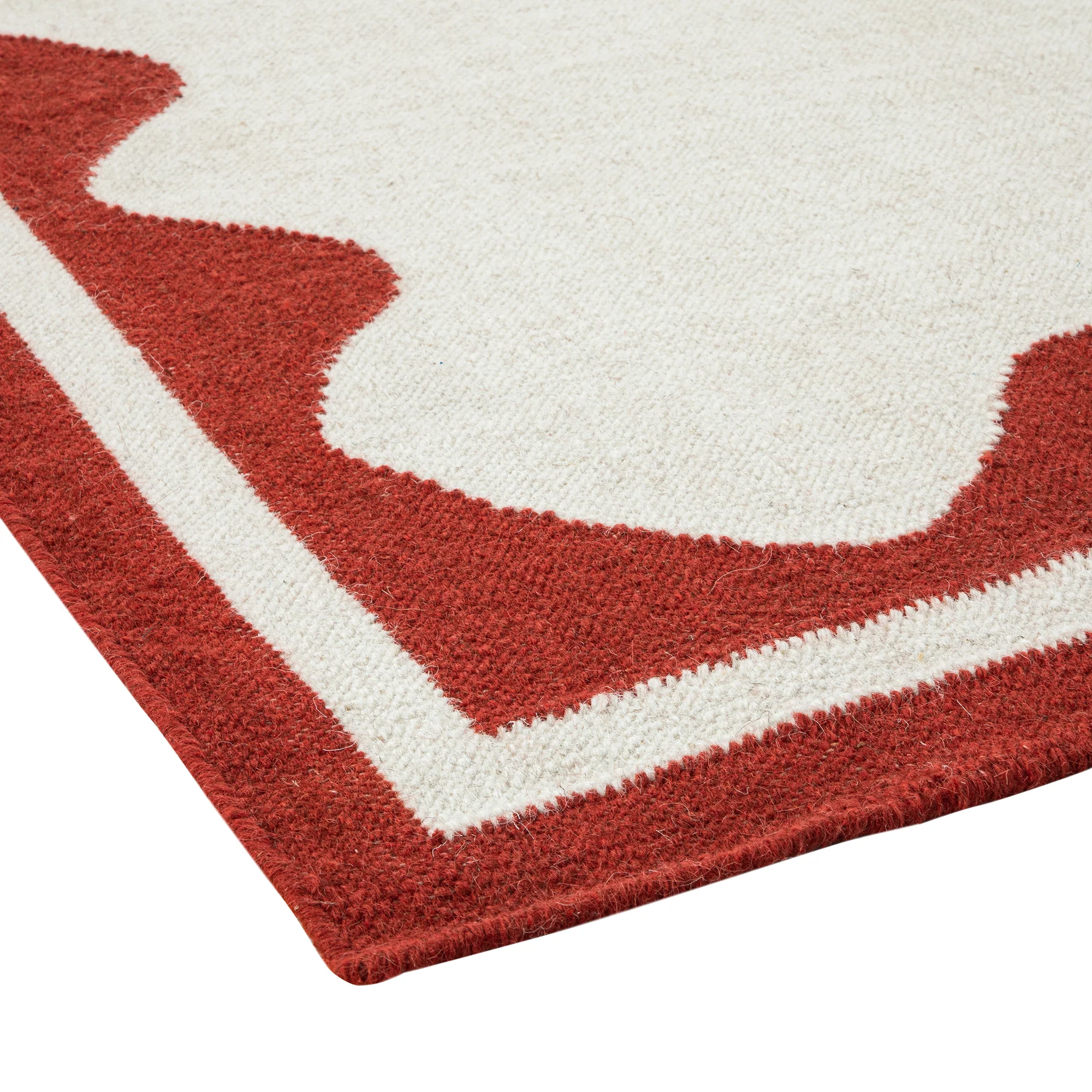 Matilda Scarlet Red Scallop Border Handwoven Wool Rug - Image 4