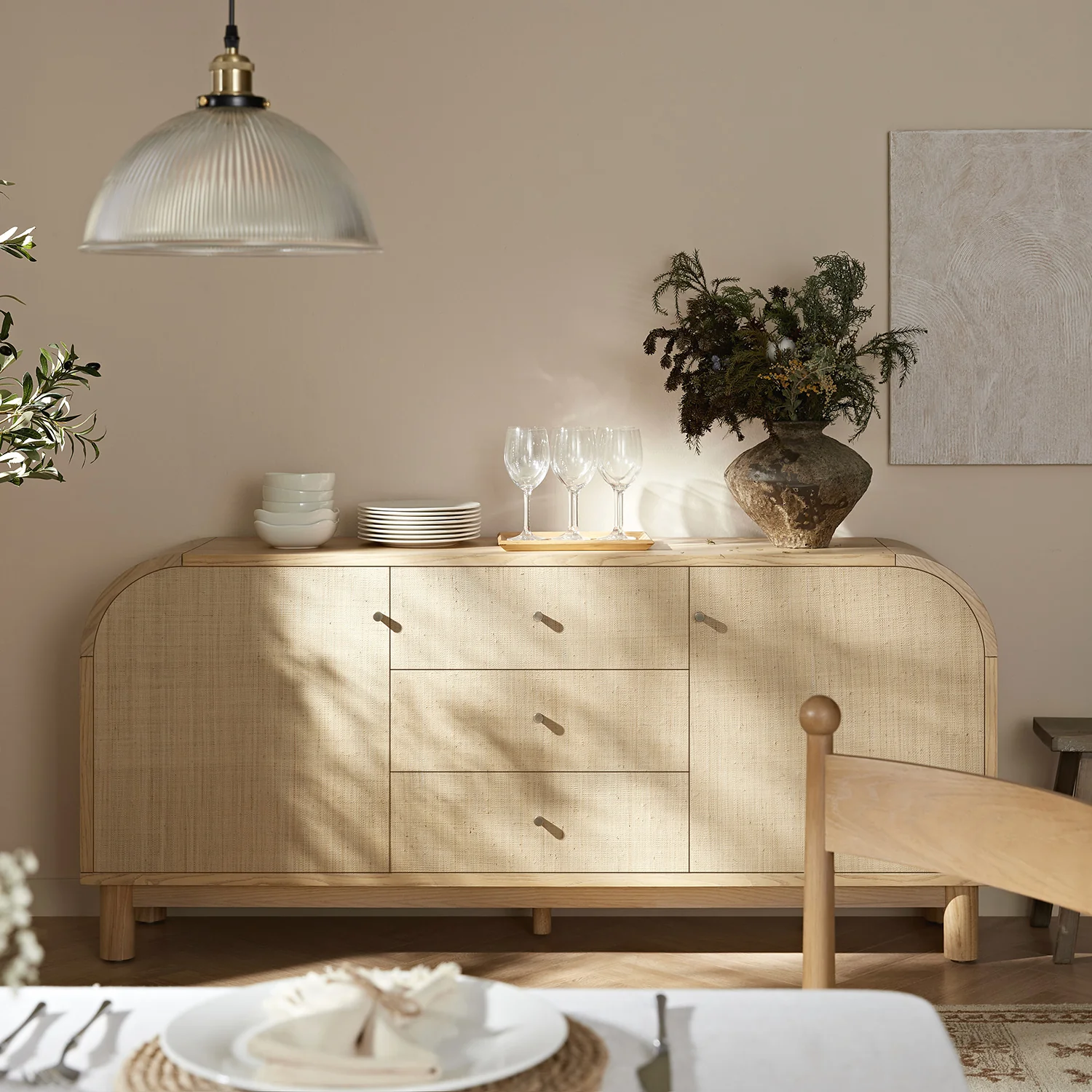 Maude Wide 3-Drawer Sideboard, Natural Ash with Raffia