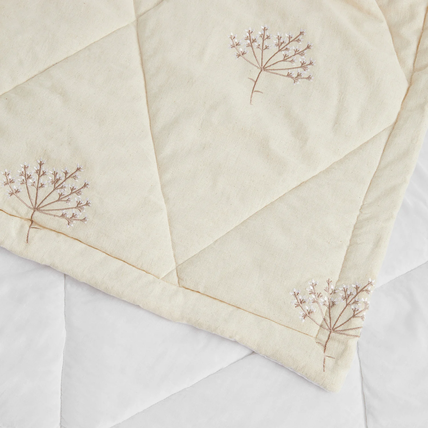 Meadow Cream Sprig Embroidered Quilted Linen Blend Bedspread - Image 5