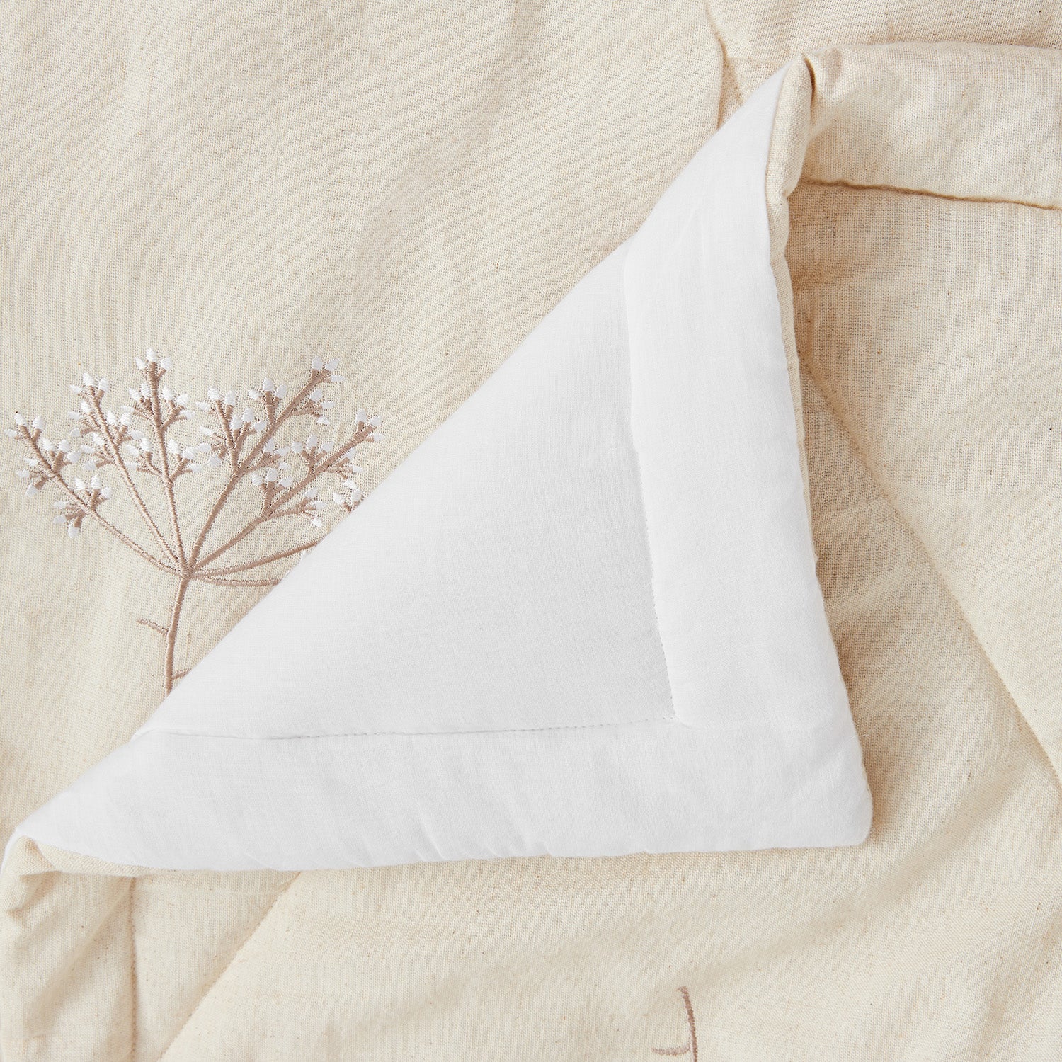 Meadow Cream Sprig Embroidered Quilted Linen Blend Bedspread - Image 6