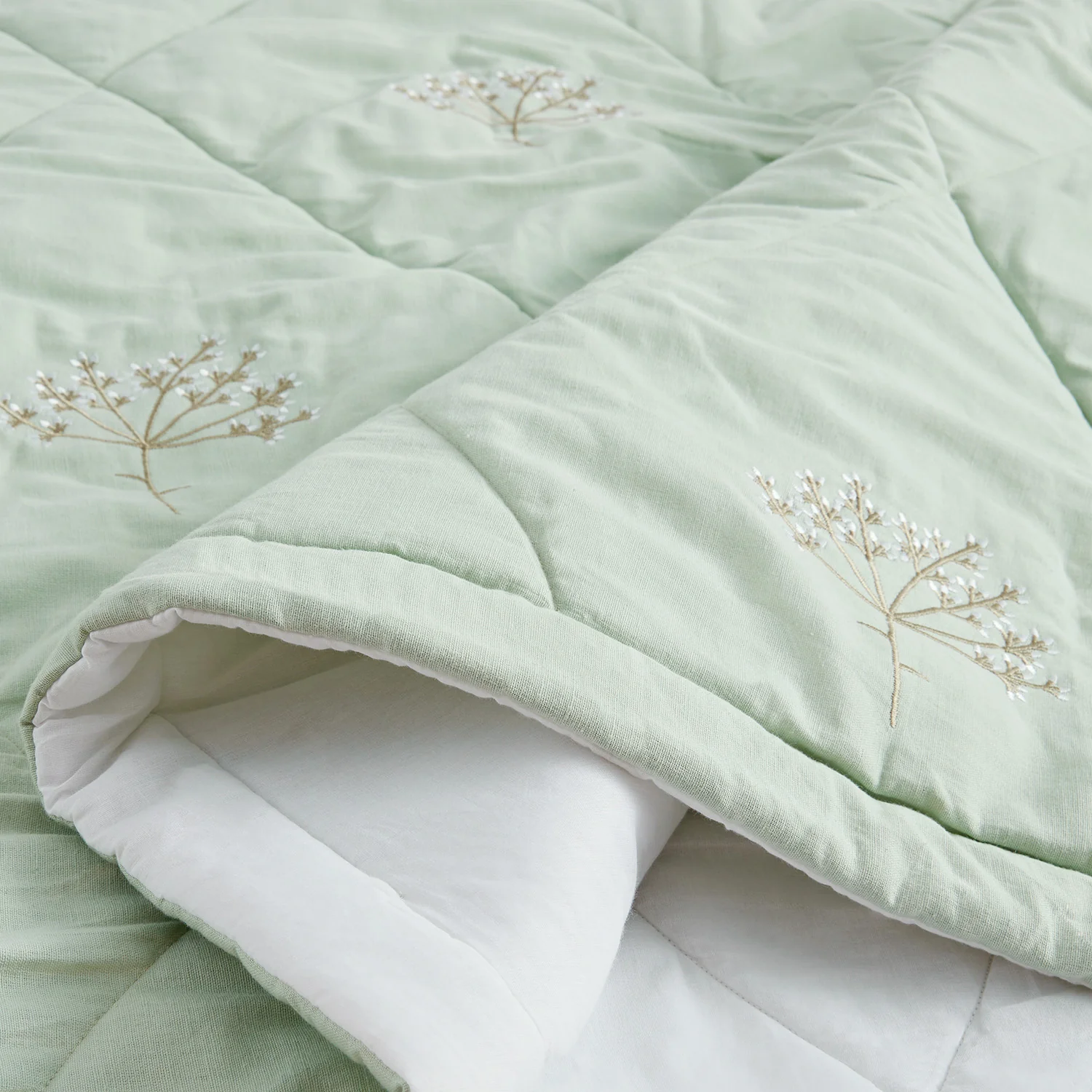 Meadow Seafoam Green Sprig Embroidered Quilted Linen Blend Bedspread - Image 3