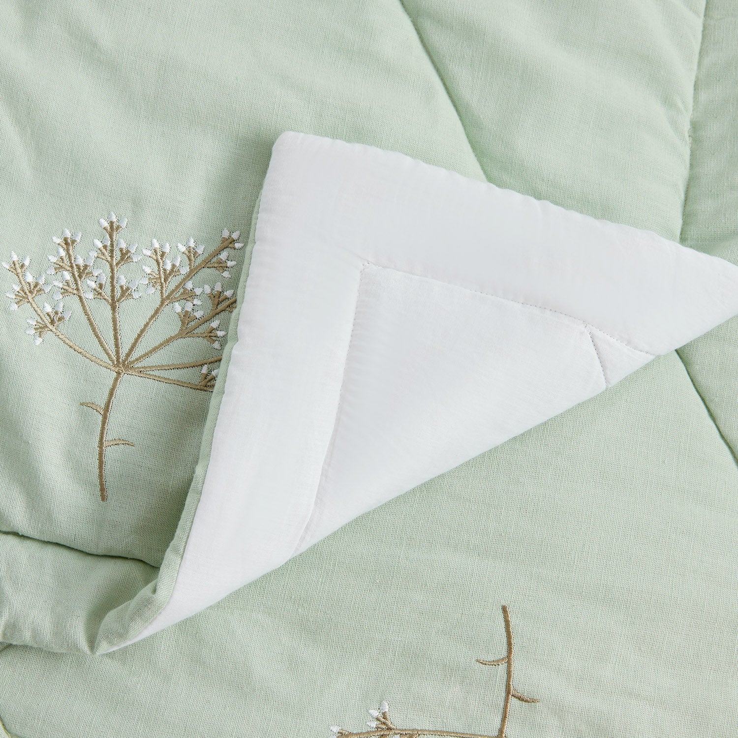 Meadow Seafoam Green Sprig Embroidered Quilted Linen Blend Bedspread - Image 6