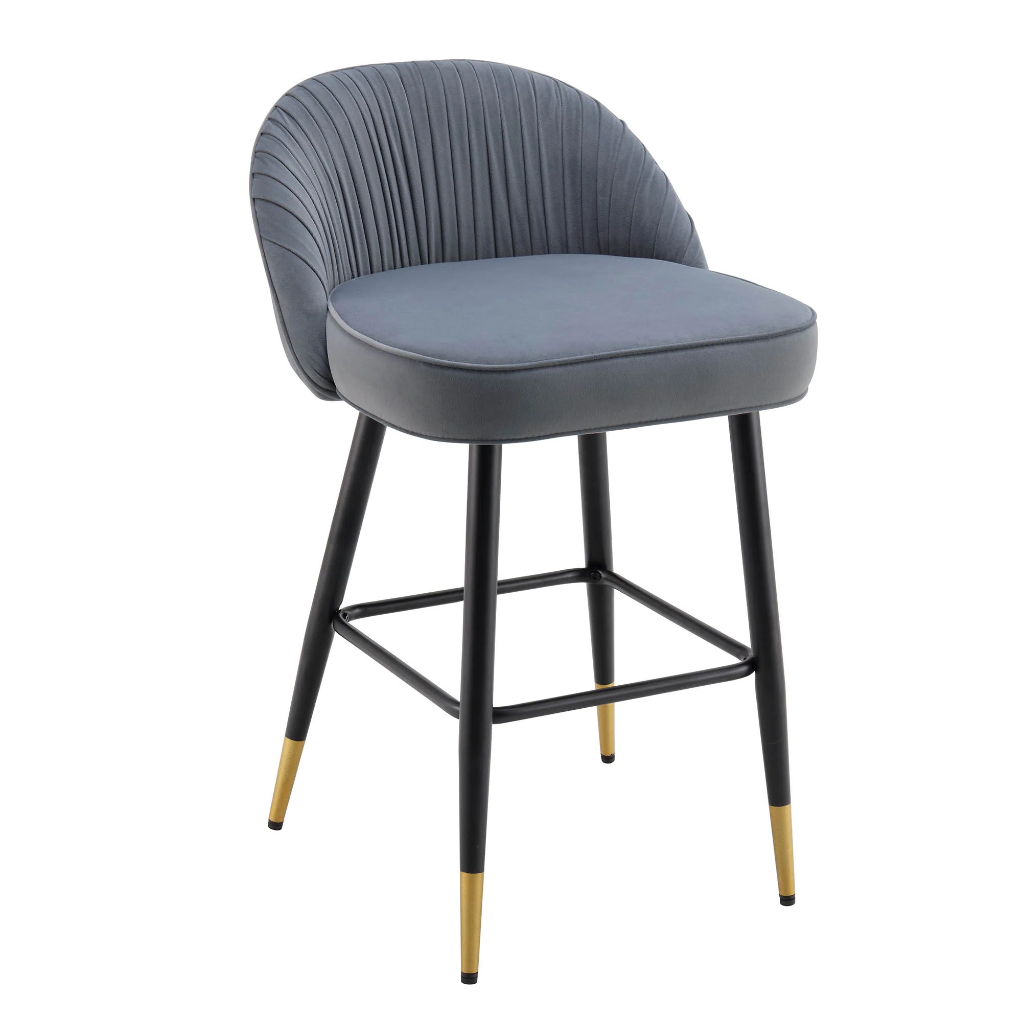 Miyae Set of 2 Pleated Light Grey Velvet Upholstered Counter Stools - Image 5